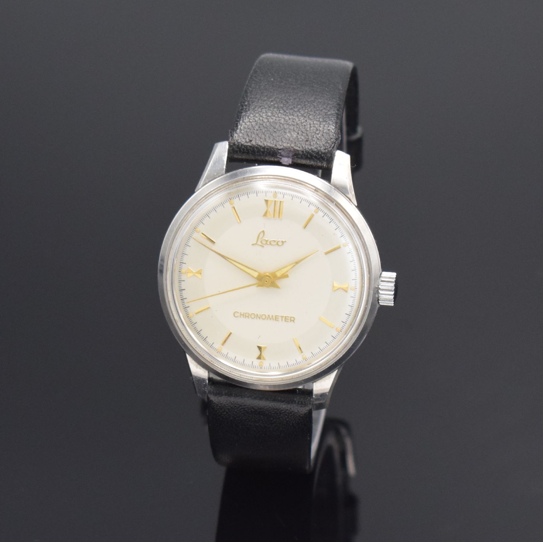 LACO sehr seltener Armbandchronometer in WG-Doubleé Kaliber 630, Deutschland 1960er Jahre, Handaufzug, Stahlboden verschr., orig. silb. Duoton ...
