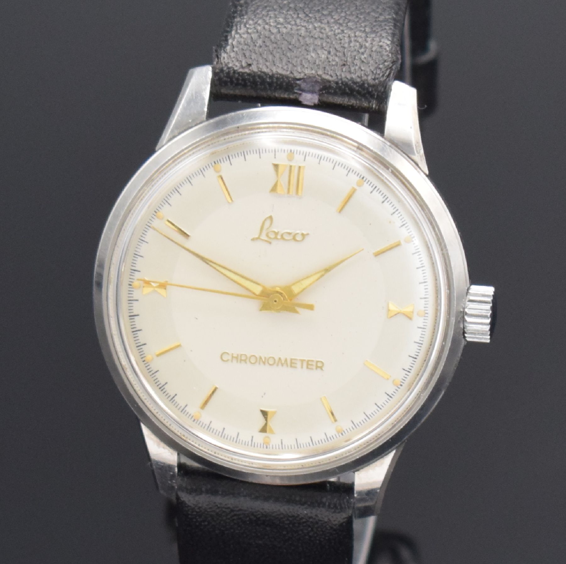 Detail a: LACO sehr seltener Armbandchronometer in WG-Doubleé Kaliber 630, Deutschland 1960er Jahre, Handaufzug, Stahlboden verschr., orig. silb. Duoton ...