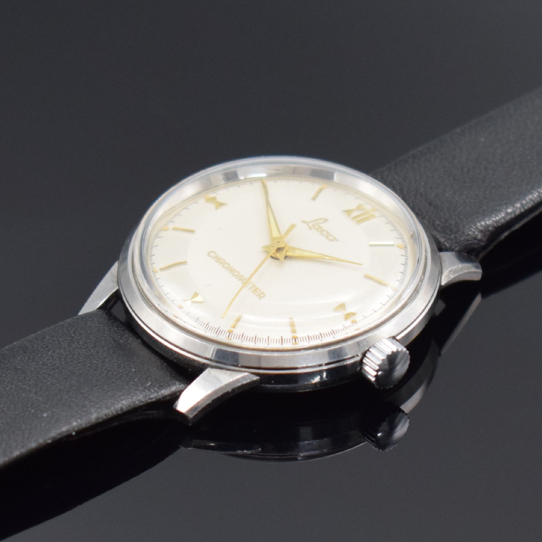 Detail b: LACO sehr seltener Armbandchronometer in WG-Doubleé Kaliber 630, Deutschland 1960er Jahre, Handaufzug, Stahlboden verschr., orig. silb. Duoton ...