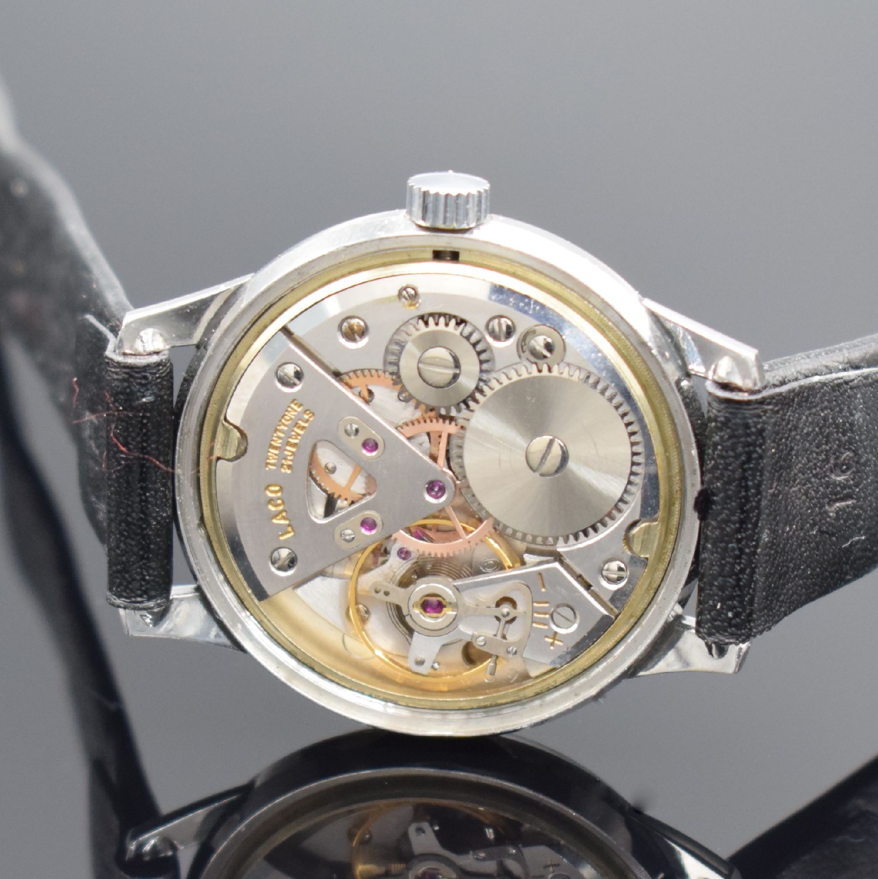 Detail d: LACO sehr seltener Armbandchronometer in WG-Doubleé Kaliber 630, Deutschland 1960er Jahre, Handaufzug, Stahlboden verschr., orig. silb. Duoton ...
