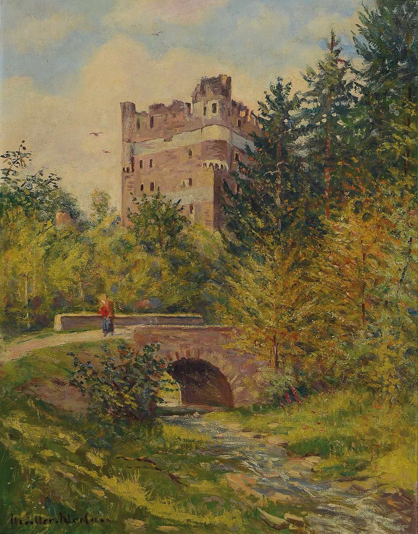 Peter Paul Müller-Werlau, 1866 Werlau (St.Goar) - 1945 Bonn-Beuel, Burgturm mit Brücke und Personenstaffage, Öl/Lwd, li. u. signiert, ca. 64 x 50 ...