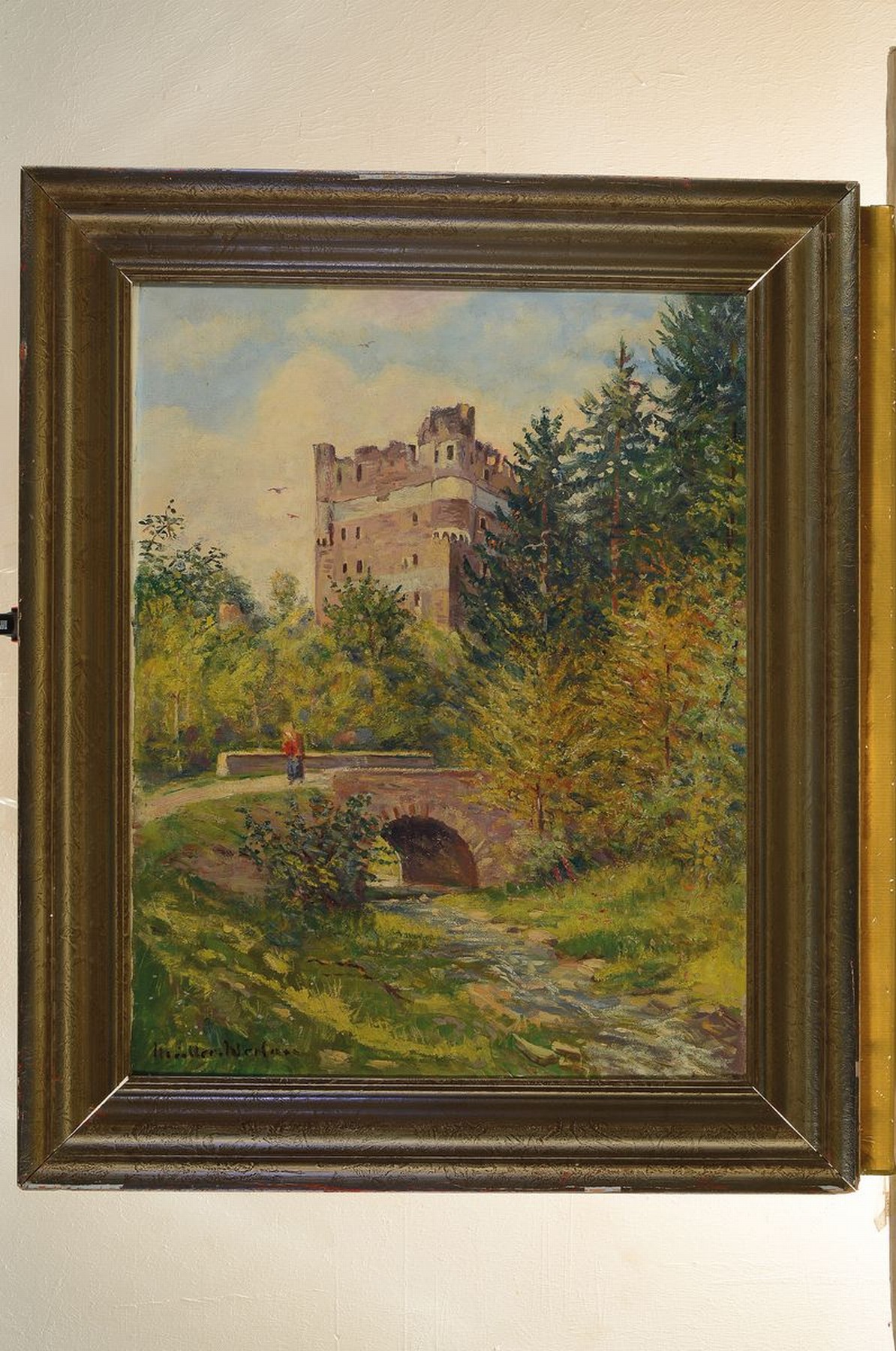 Detail k: Peter Paul Müller-Werlau, 1866 Werlau (St.Goar) - 1945 Bonn-Beuel, Burgturm mit Brücke und Personenstaffage, Öl/Lwd, li. u. signiert, ca. 64 x 50 ...