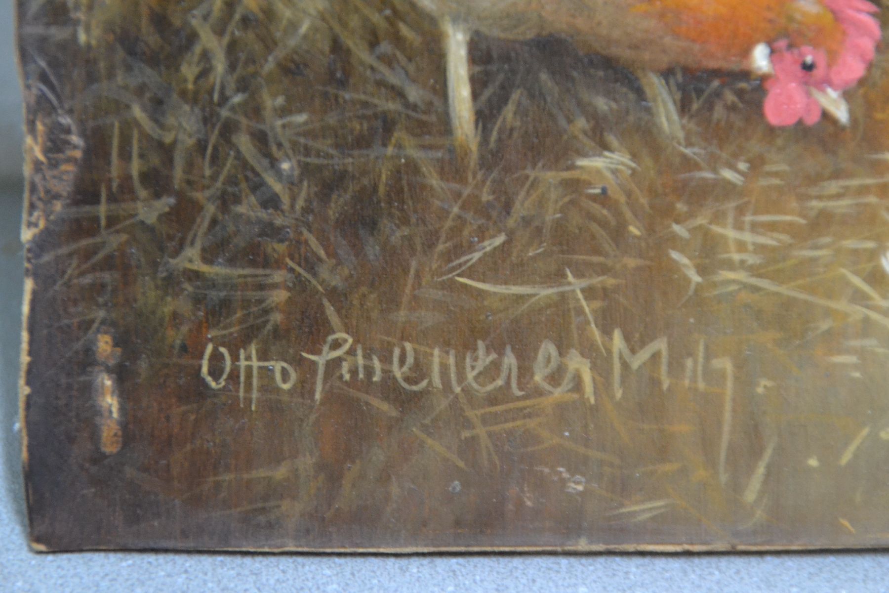 Detail b: Otto Scheuerer, 1862 München - 1934 ebenda, Studium an der Akademie München bei Karl Raupp, Hühnerhof, Öl/Karton, links unten signiert, ohne ...