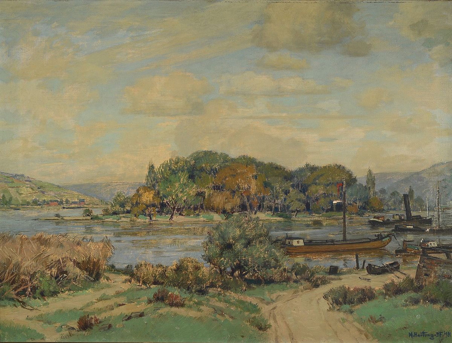 Heinrich Hartung, 1888 Düsseldorf - 1966 Koblenz, Studium an der Akademie Düsseldorf, Hafenansicht am Rhein, konservativ -realistische Darstellung ...