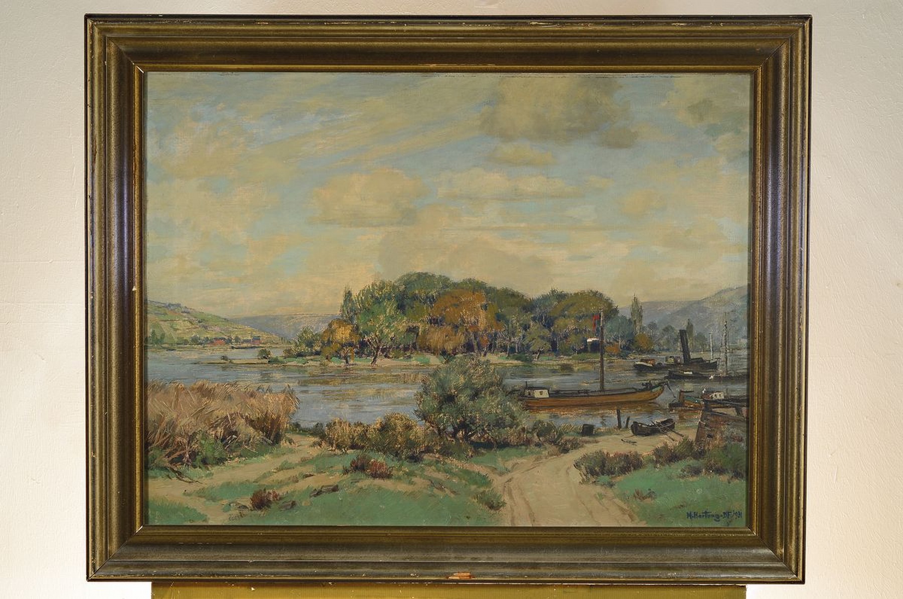 Detail k: Heinrich Hartung, 1888 Düsseldorf - 1966 Koblenz, Studium an der Akademie Düsseldorf, Hafenansicht am Rhein, konservativ -realistische Darstellung ...