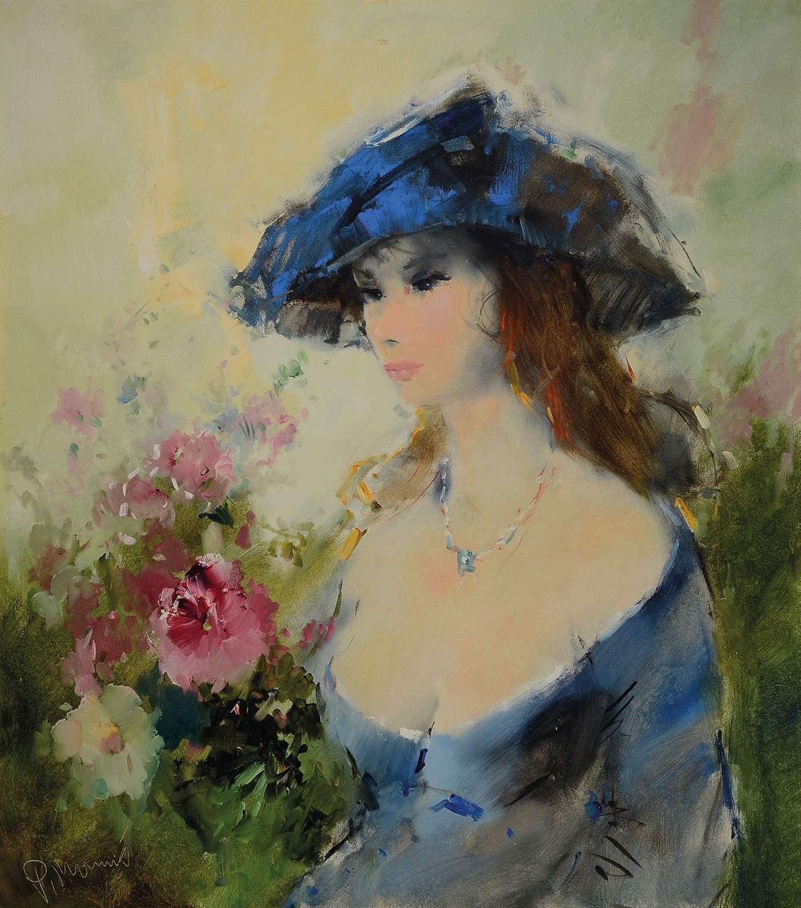 Paul Morro, (Ingfried Paul Henze-Morro), 1925 Leipzig - 2013 Wiesbaden, Studium in Leipzig und München, hier: junge Frau im blauen Kleid, Öl/Lwd, ...