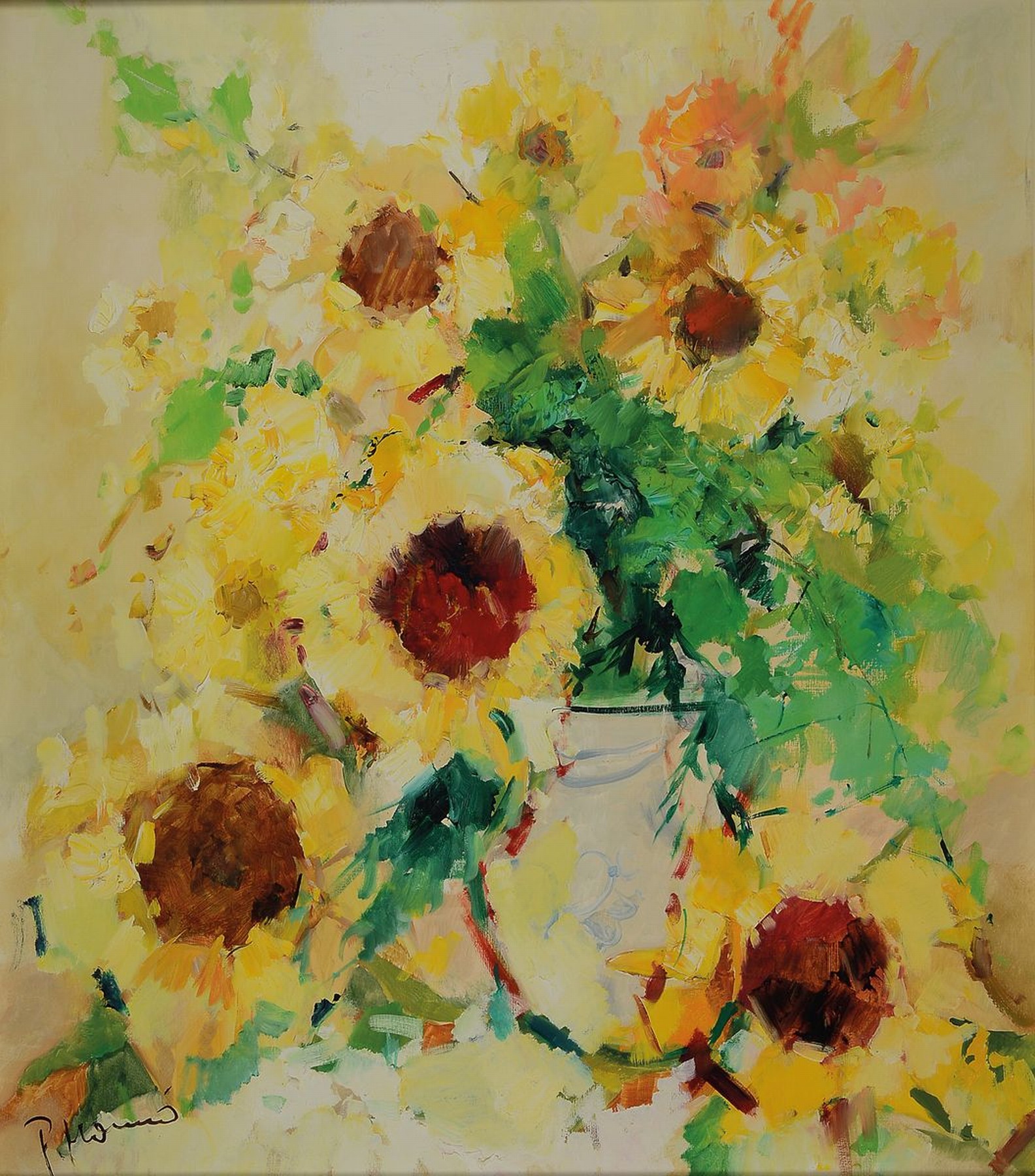 Paul Morro, (Ingfried Paul Henze-Morro), 1925 Leipzig - 2013 Wiesbaden, Studium in Leipzig und München, hier: Stillleben mit Sonnenblumen, Öl/Lwd, ...