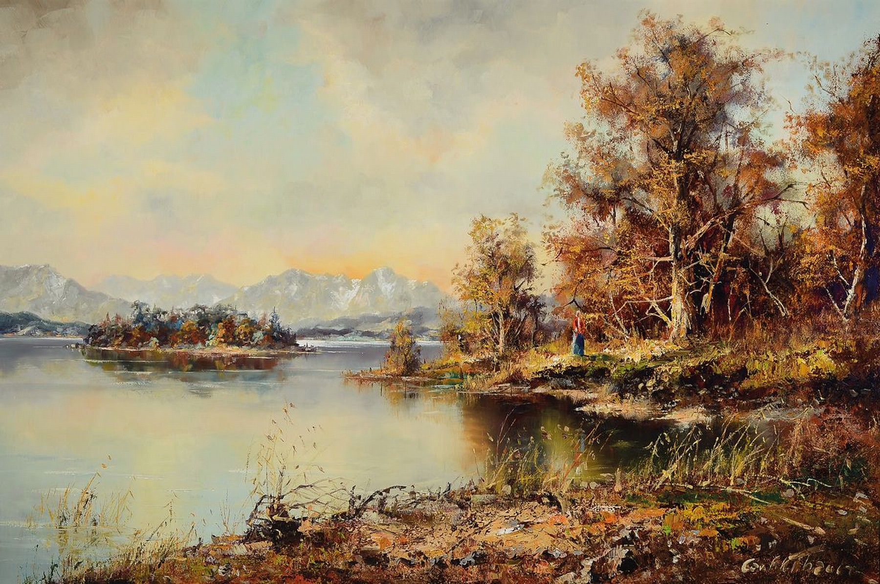 Friedrich Karl Thauer, 1924 - 2009, süddeutsche Herbstlandschaft am, See mit Blick auf die verschneiten Alpen, Öl/Lwd, re. unten signiert, ca. 80 x ...