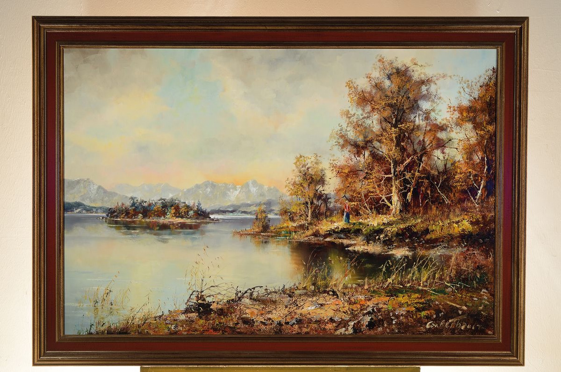Detail k: Friedrich Karl Thauer, 1924 - 2009, süddeutsche Herbstlandschaft am, See mit Blick auf die verschneiten Alpen, Öl/Lwd, re. unten signiert, ca. 80 x ...