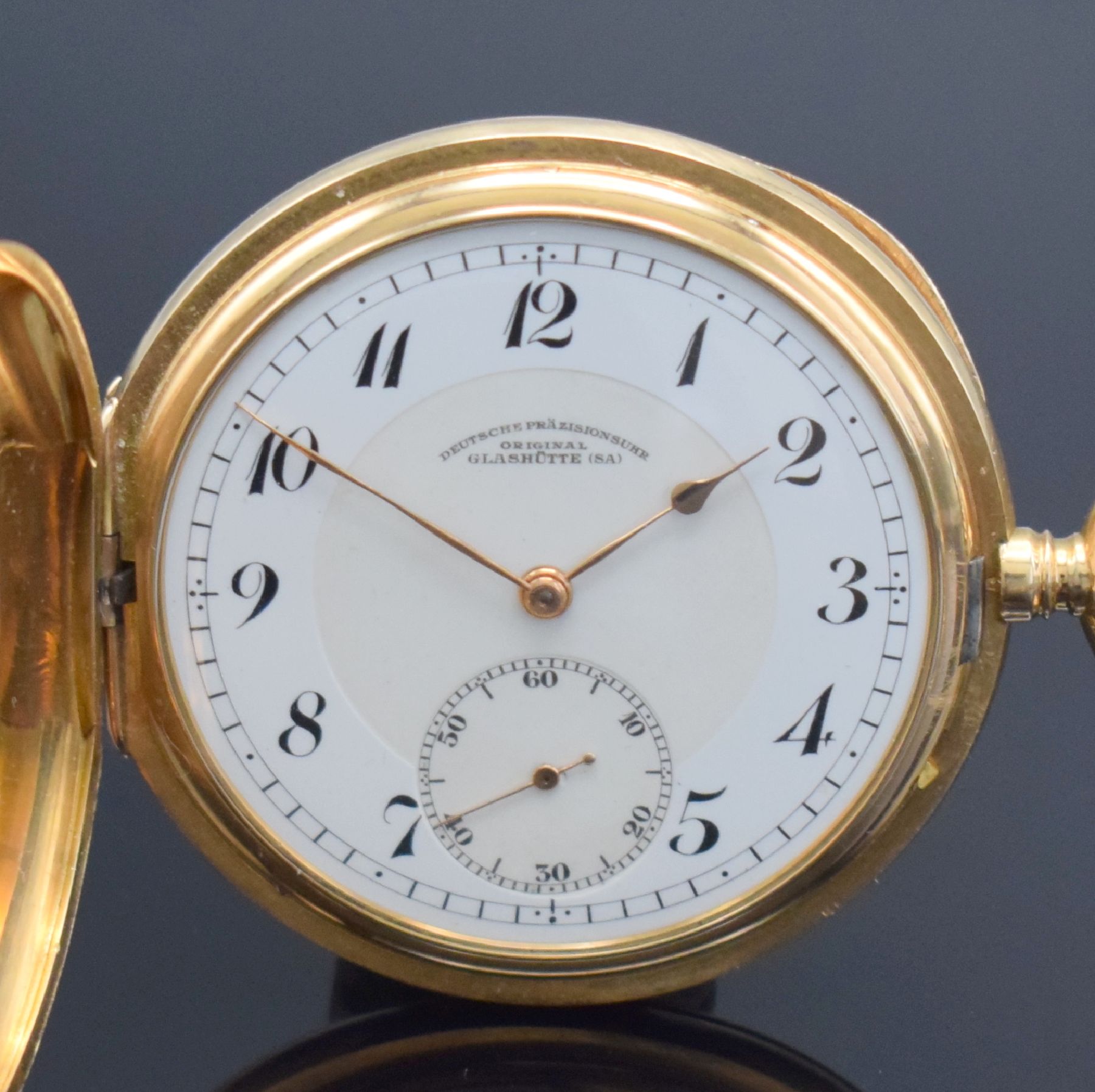 Detail a: Deutsche Präzisionsuhr Original Glashütte (SA)Savonette in GG 585/000, Deutschland um 1925, guill. 2-Deckel Goldgeh. dell., Metallcuvette, ...