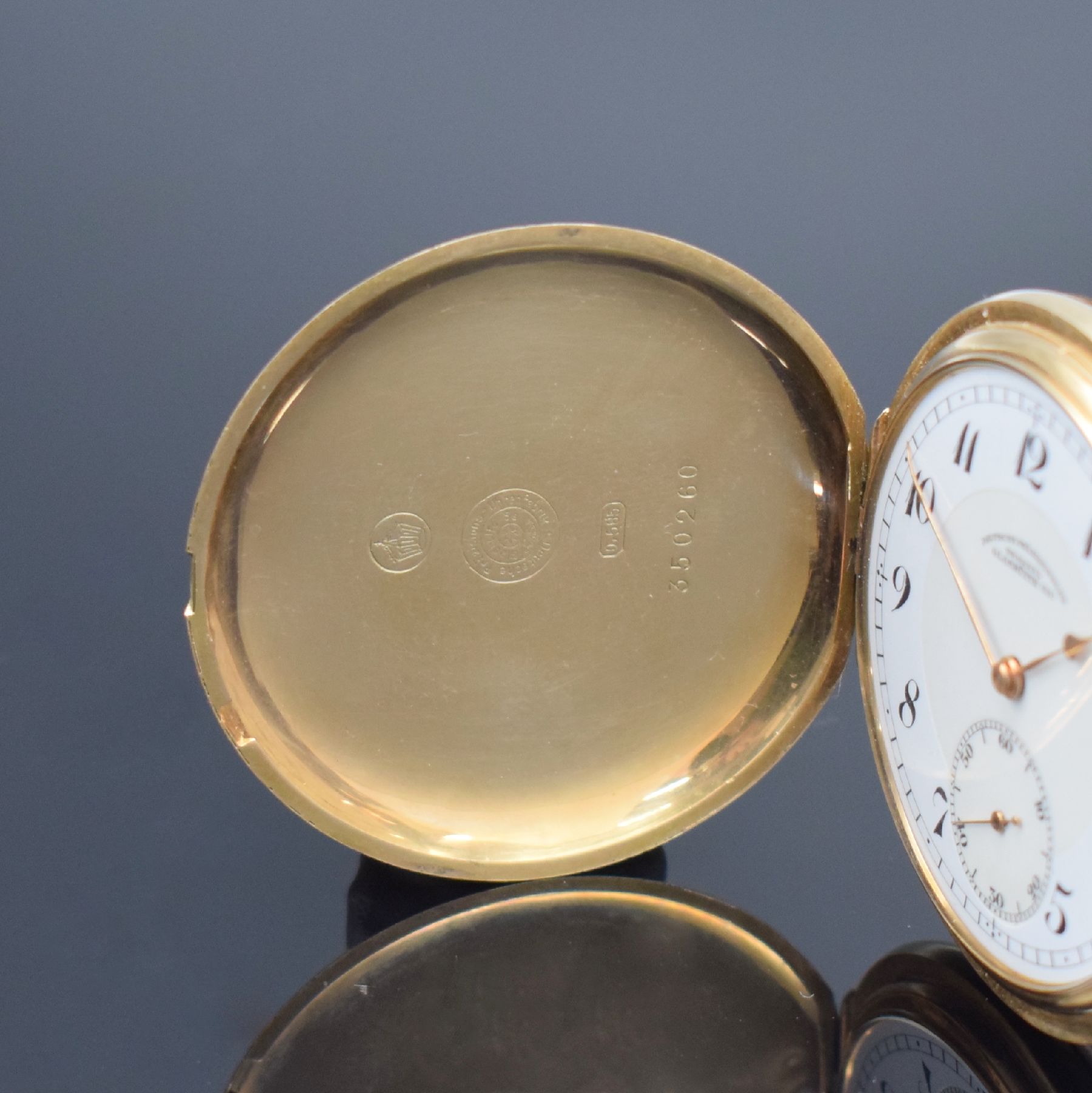 Detail b: Deutsche Präzisionsuhr Original Glashütte (SA)Savonette in GG 585/000, Deutschland um 1925, guill. 2-Deckel Goldgeh. dell., Metallcuvette, ...