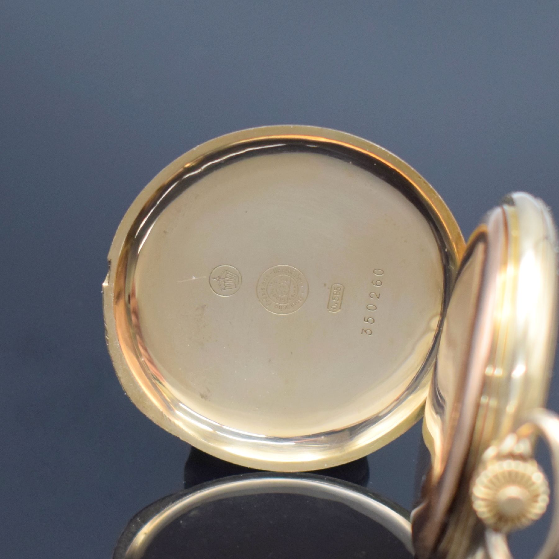 Detail e: Deutsche Präzisionsuhr Original Glashütte (SA)Savonette in GG 585/000, Deutschland um 1925, guill. 2-Deckel Goldgeh. dell., Metallcuvette, ...
