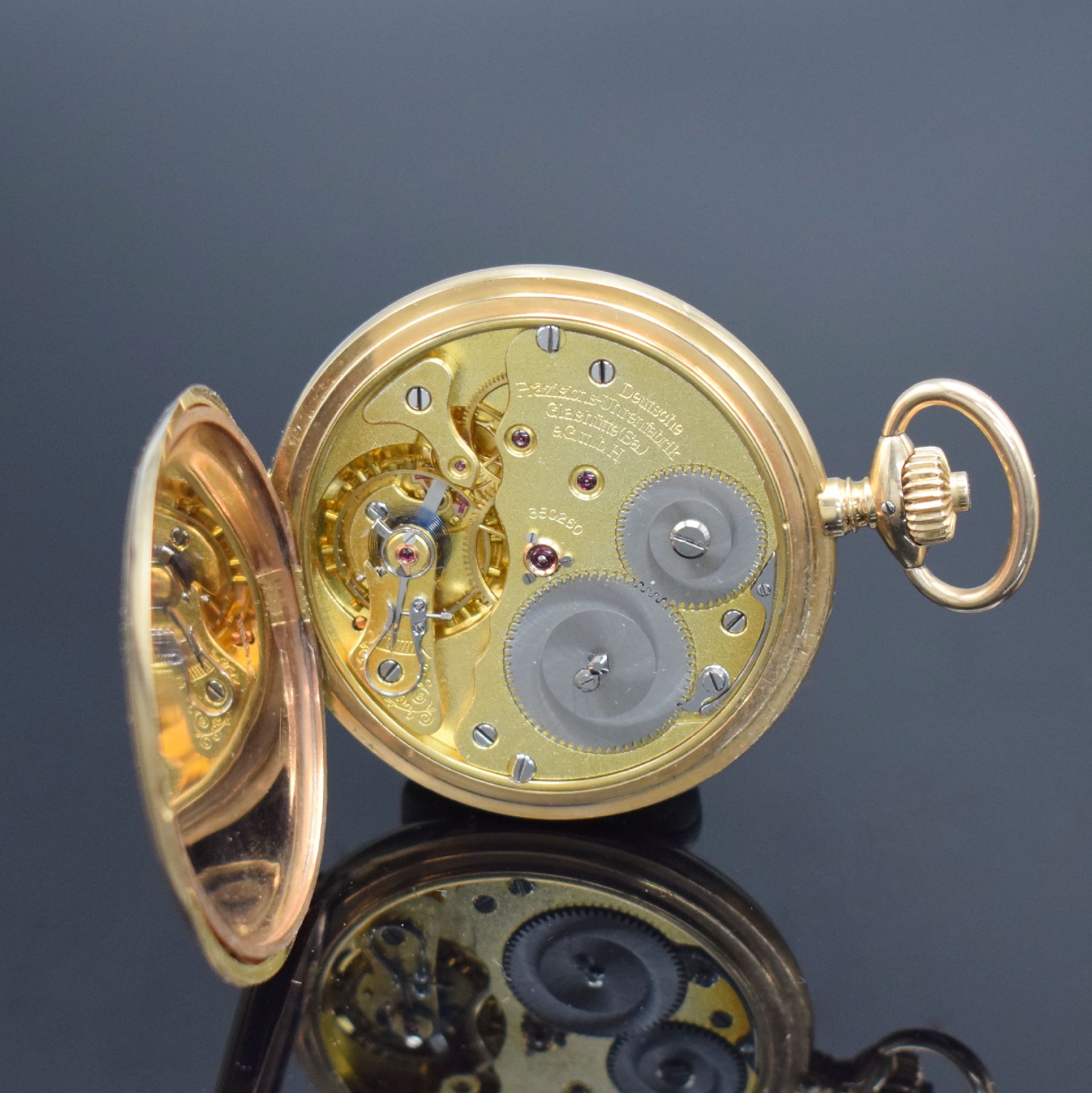 Detail h: Deutsche Präzisionsuhr Original Glashütte (SA)Savonette in GG 585/000, Deutschland um 1925, guill. 2-Deckel Goldgeh. dell., Metallcuvette, ...