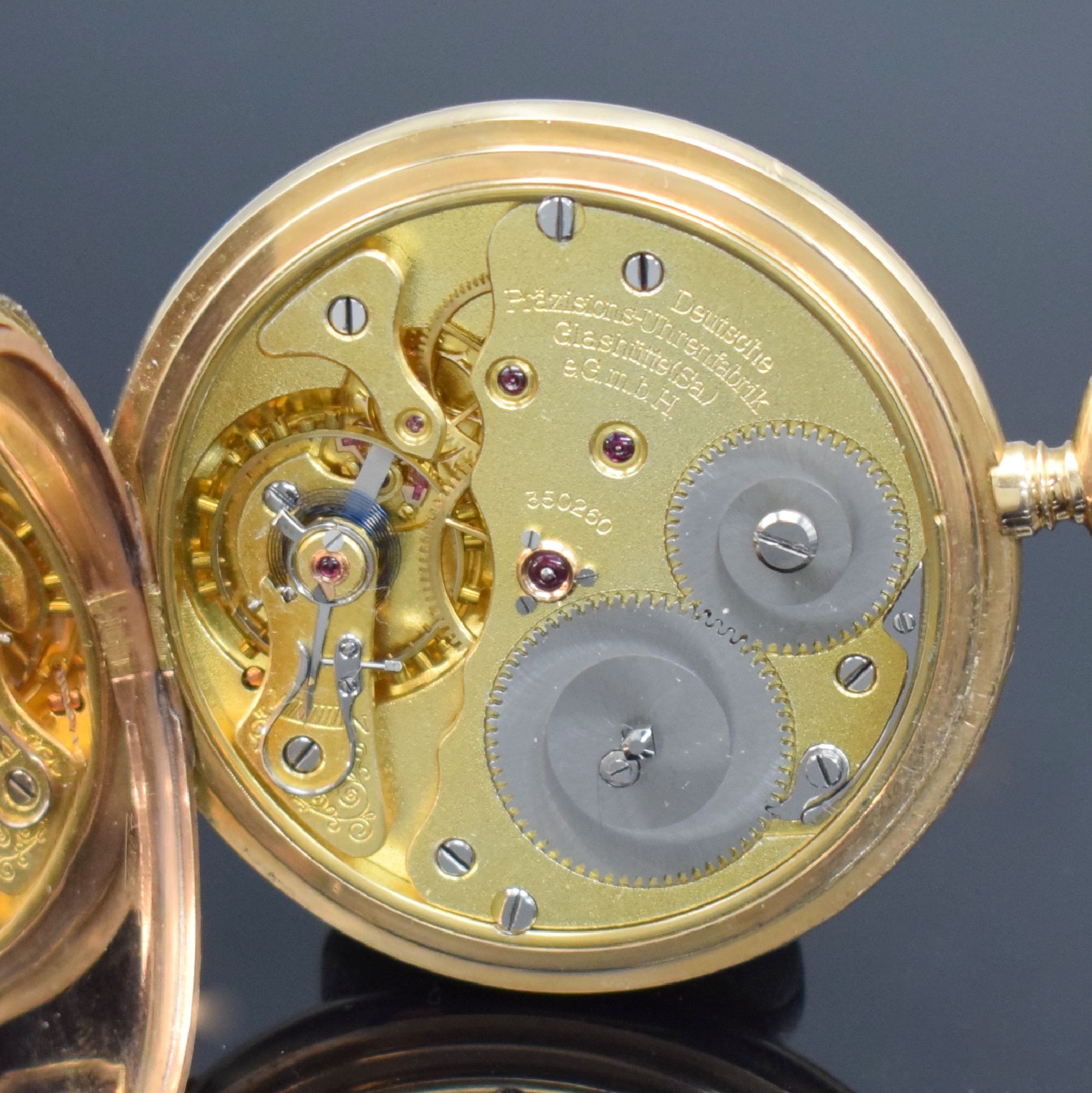 Detail i: Deutsche Präzisionsuhr Original Glashütte (SA)Savonette in GG 585/000, Deutschland um 1925, guill. 2-Deckel Goldgeh. dell., Metallcuvette, ...