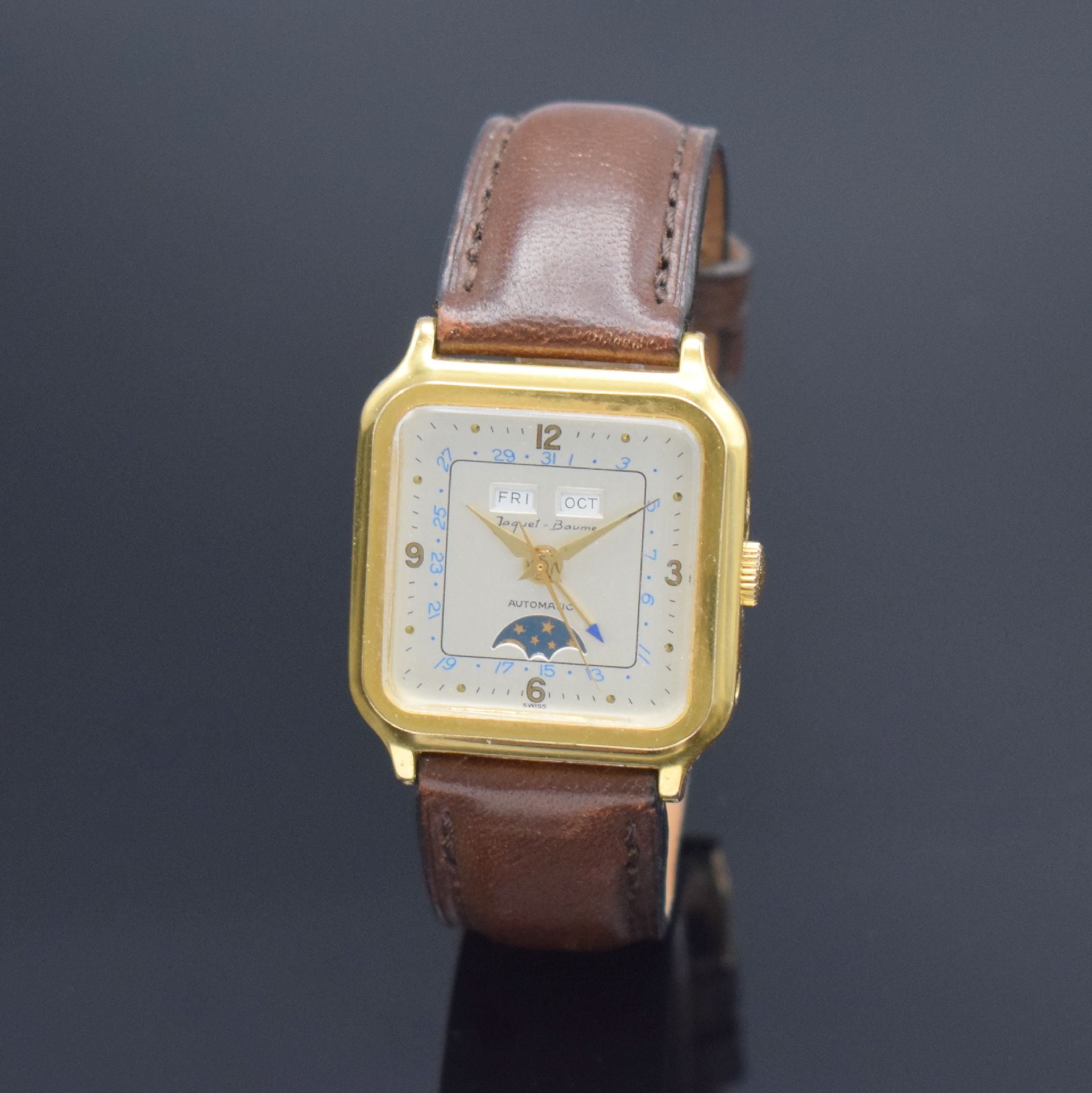 JAQUET-BAUME Herrenarmbanduhr mit Vollkalender, Schweiz um 1970, Automatik, Boden aufgedr., Korrekturdr. seitl. im Geh. eingel., silb. Zifferbl. m. ...