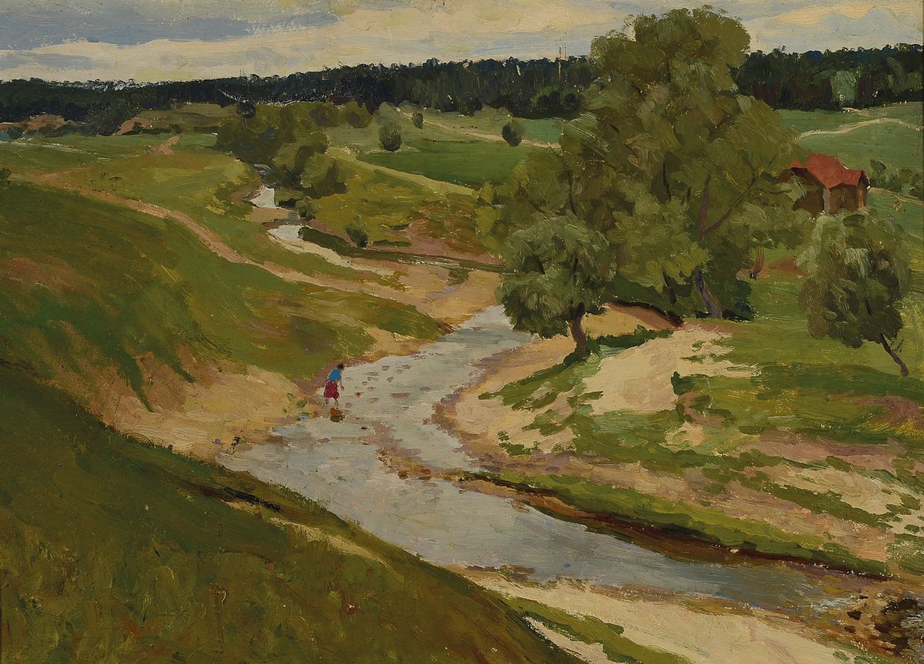 Markow, russischer Künstler, Flußlandschaft mit Mädchen, ÖL/ Malkarton, rückseitig in kyrill. bezeichnet "Sommer", ca. 50 x 70 cm, ...