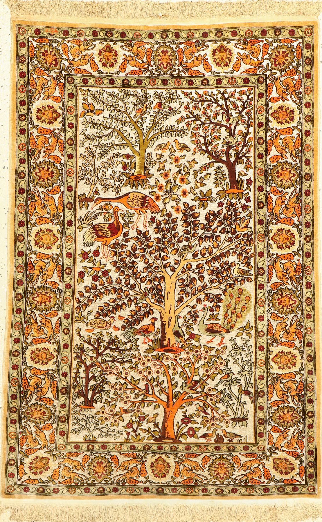 Hereke Seide fein, signiert, Türkei, um 1940, reine Naturseide, Metallbroschiert, ca. 125 x 85 cm, ca. 1 Mio Kn/qm, EHZ: 2