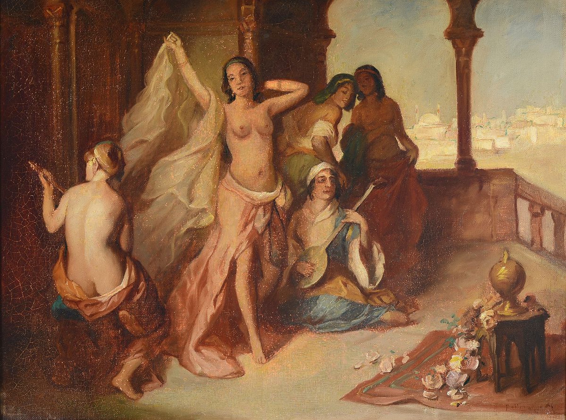 Unbekannter Orientalist, um 1900, Tänzerin, Frauen und Musikanten auf einer Terrasse, im Hintergrund eine weiße Stadt, Öl/Lwd, rechts unten ...
