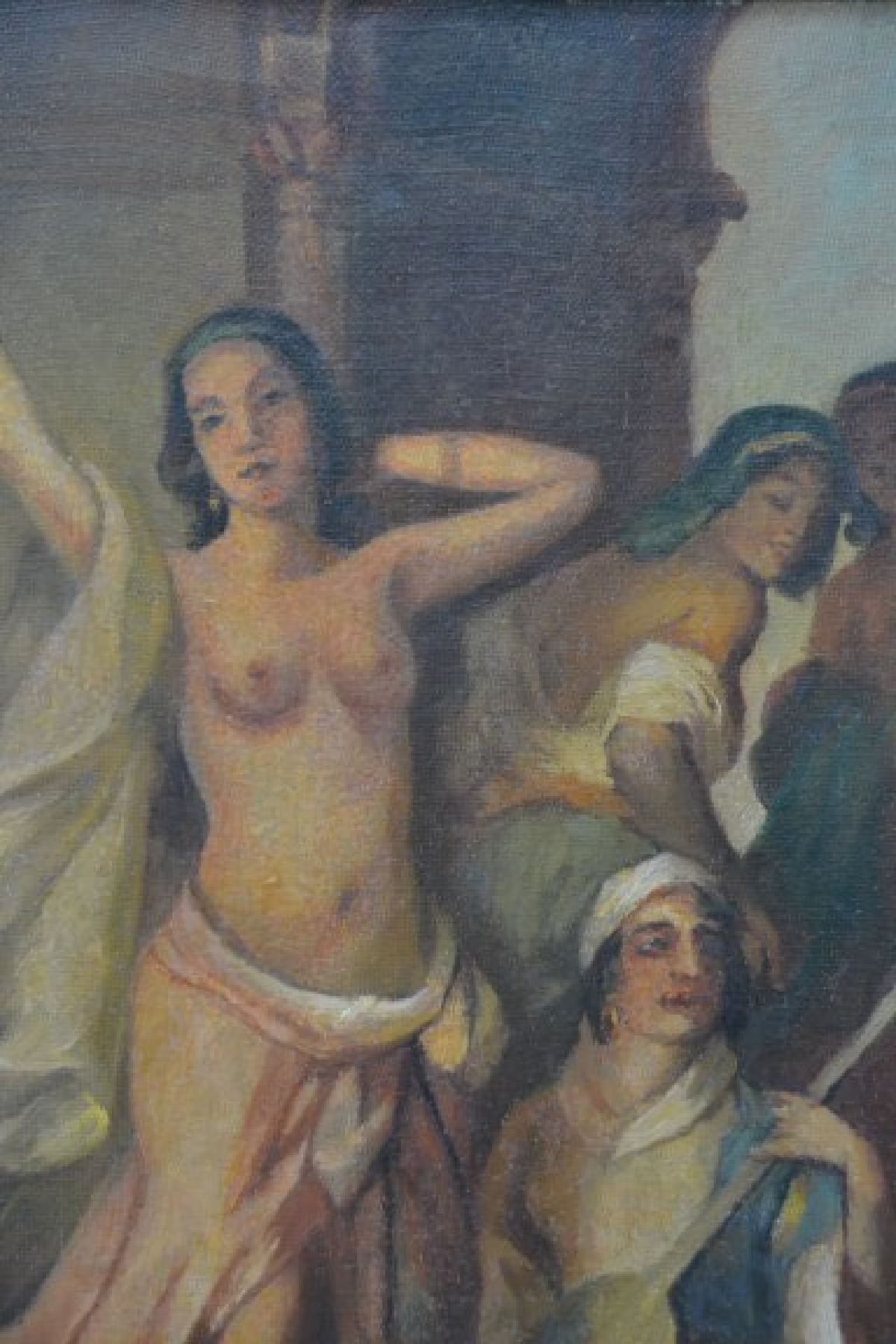 Detail b: Unbekannter Orientalist, um 1900, Tänzerin, Frauen und Musikanten auf einer Terrasse, im Hintergrund eine weiße Stadt, Öl/Lwd, rechts unten ...