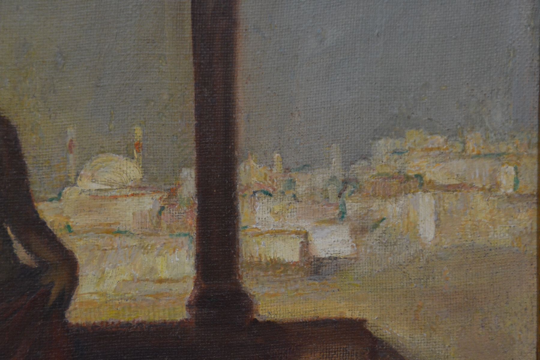 Detail c: Unbekannter Orientalist, um 1900, Tänzerin, Frauen und Musikanten auf einer Terrasse, im Hintergrund eine weiße Stadt, Öl/Lwd, rechts unten ...