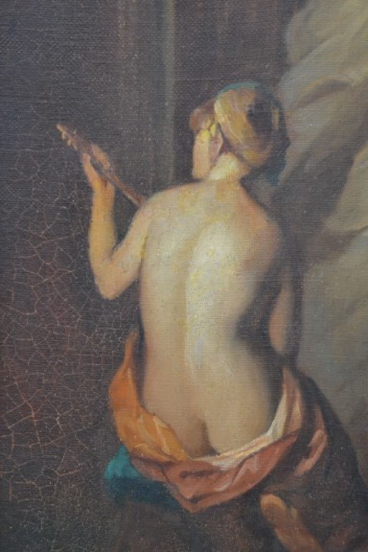 Detail d: Unbekannter Orientalist, um 1900, Tänzerin, Frauen und Musikanten auf einer Terrasse, im Hintergrund eine weiße Stadt, Öl/Lwd, rechts unten ...