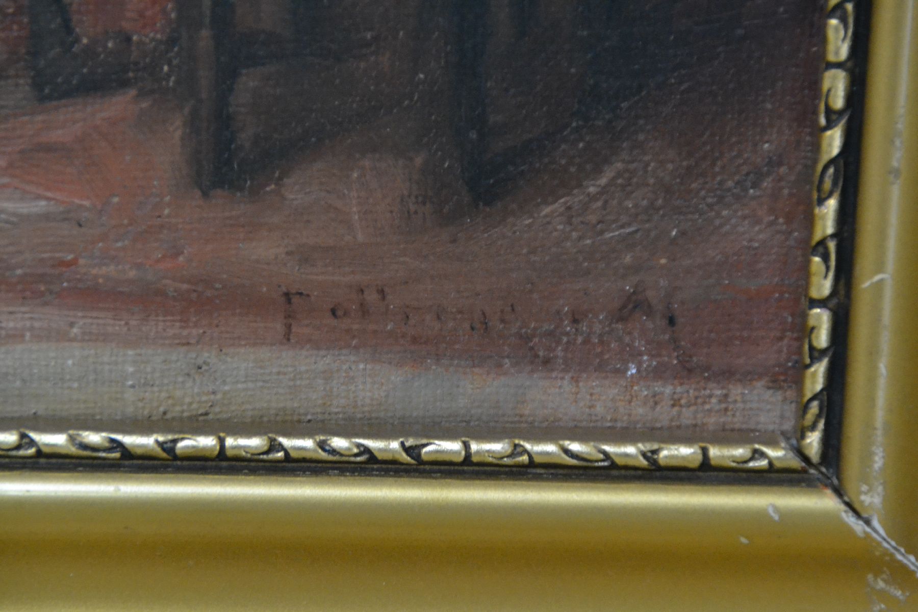 Detail e: Unbekannter Orientalist, um 1900, Tänzerin, Frauen und Musikanten auf einer Terrasse, im Hintergrund eine weiße Stadt, Öl/Lwd, rechts unten ...