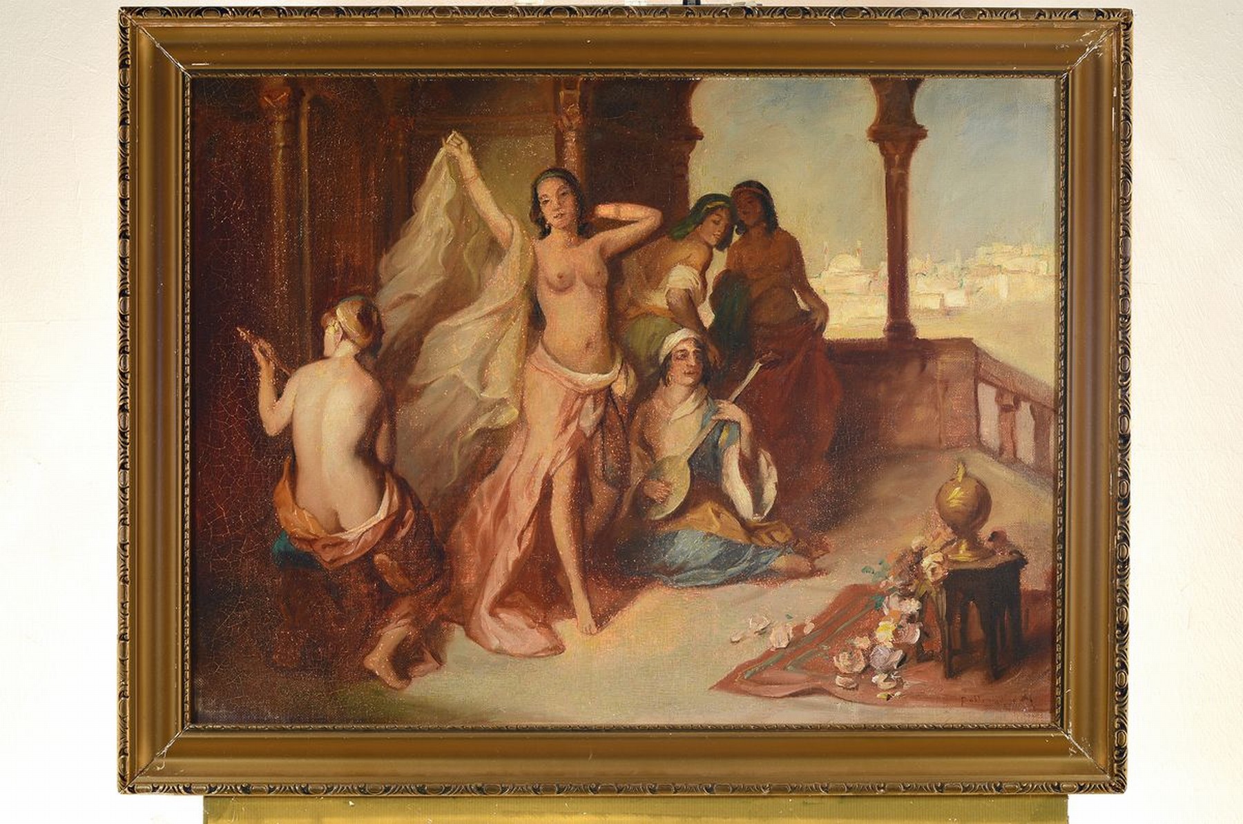 Detail k: Unbekannter Orientalist, um 1900, Tänzerin, Frauen und Musikanten auf einer Terrasse, im Hintergrund eine weiße Stadt, Öl/Lwd, rechts unten ...