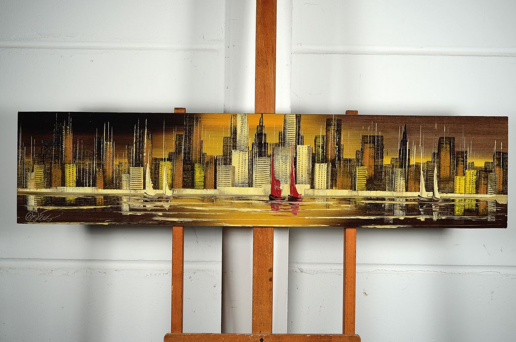 Detail k: Unbekannter Maler der 1960er Jahre, Stadtpanorama von Shanghai, Öl/Lwd/Holz, links unten unleserlich sign., ca. 28x123cm