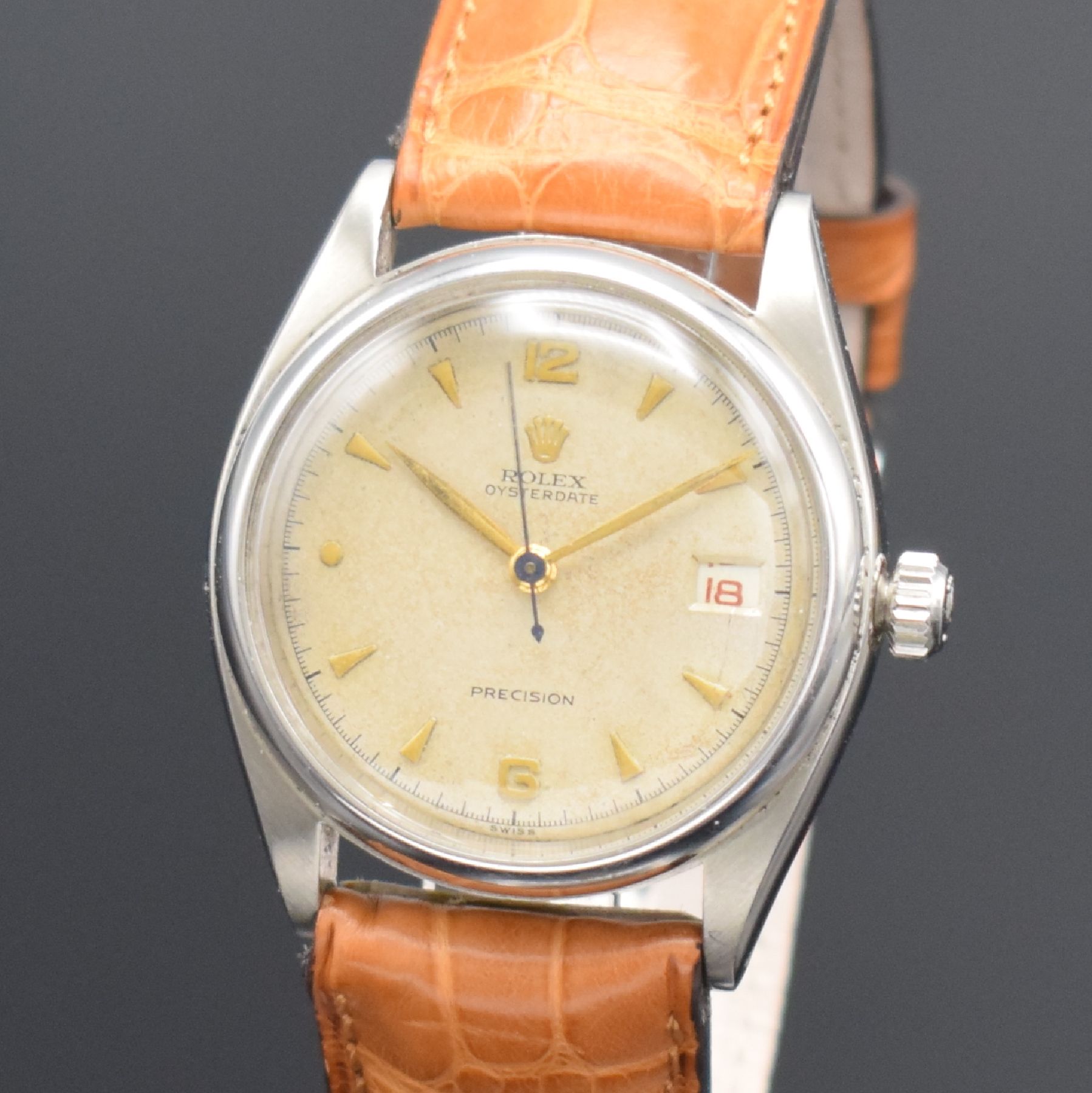 Detail a: ROLEX Herrenarmbanduhr Oysterdate Precision in Stahl Referenz 6294, Schweiz lt. Bodenstempel hergestellt 2. Quartal 1953, Handaufzug, Boden & Krone ...