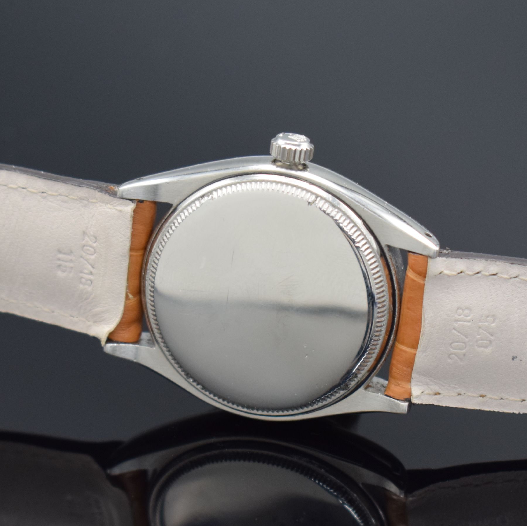 Detail d: ROLEX Herrenarmbanduhr Oysterdate Precision in Stahl Referenz 6294, Schweiz lt. Bodenstempel hergestellt 2. Quartal 1953, Handaufzug, Boden & Krone ...
