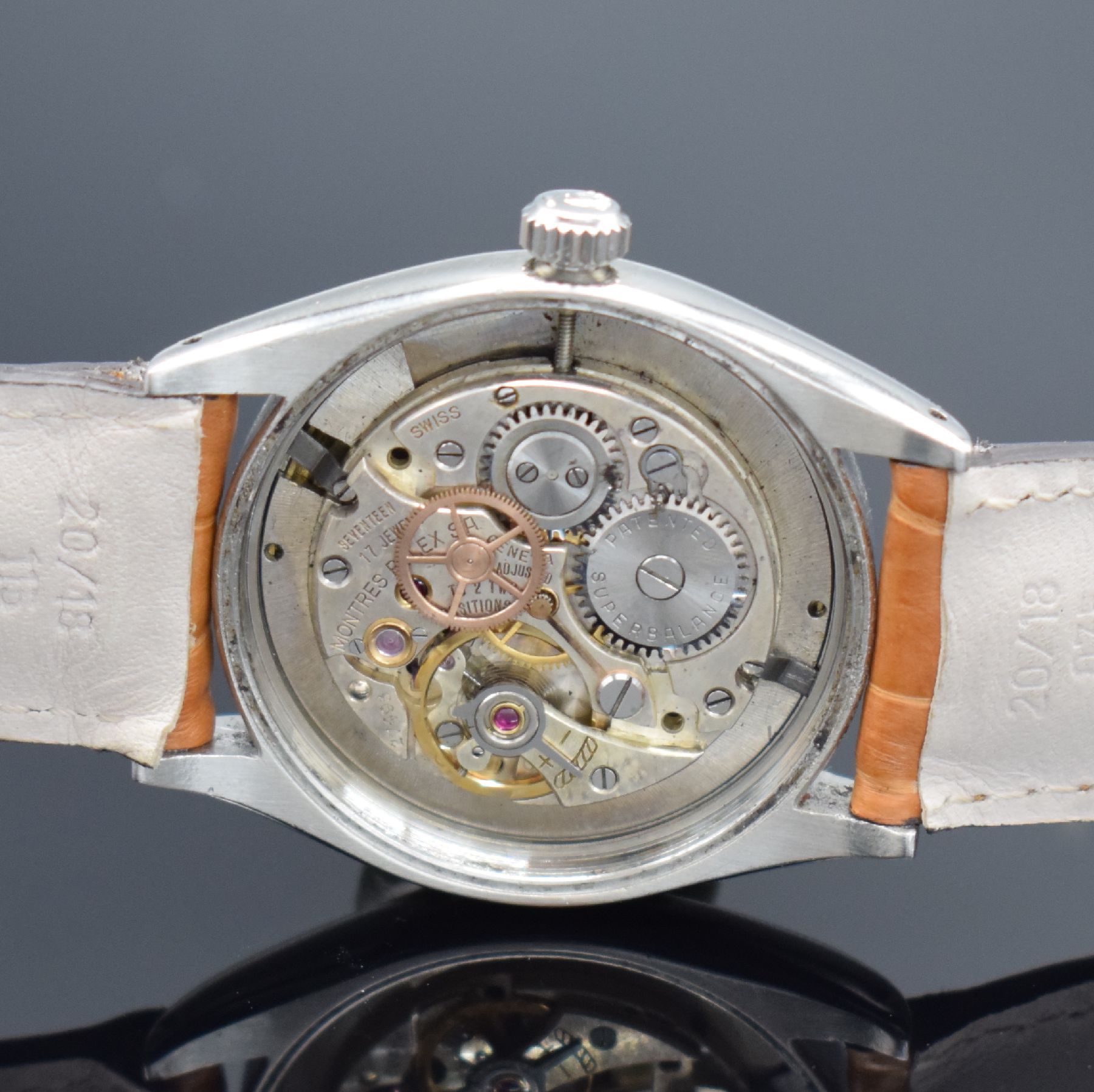 Detail e: ROLEX Herrenarmbanduhr Oysterdate Precision in Stahl Referenz 6294, Schweiz lt. Bodenstempel hergestellt 2. Quartal 1953, Handaufzug, Boden & Krone ...
