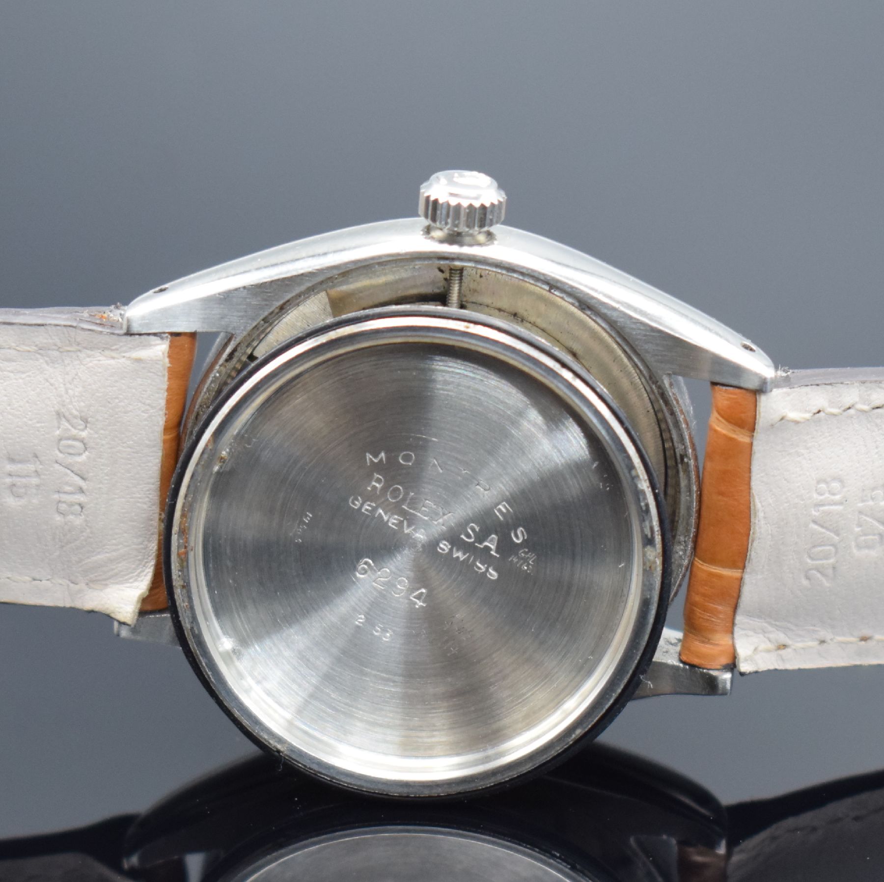 Detail f: ROLEX Herrenarmbanduhr Oysterdate Precision in Stahl Referenz 6294, Schweiz lt. Bodenstempel hergestellt 2. Quartal 1953, Handaufzug, Boden & Krone ...