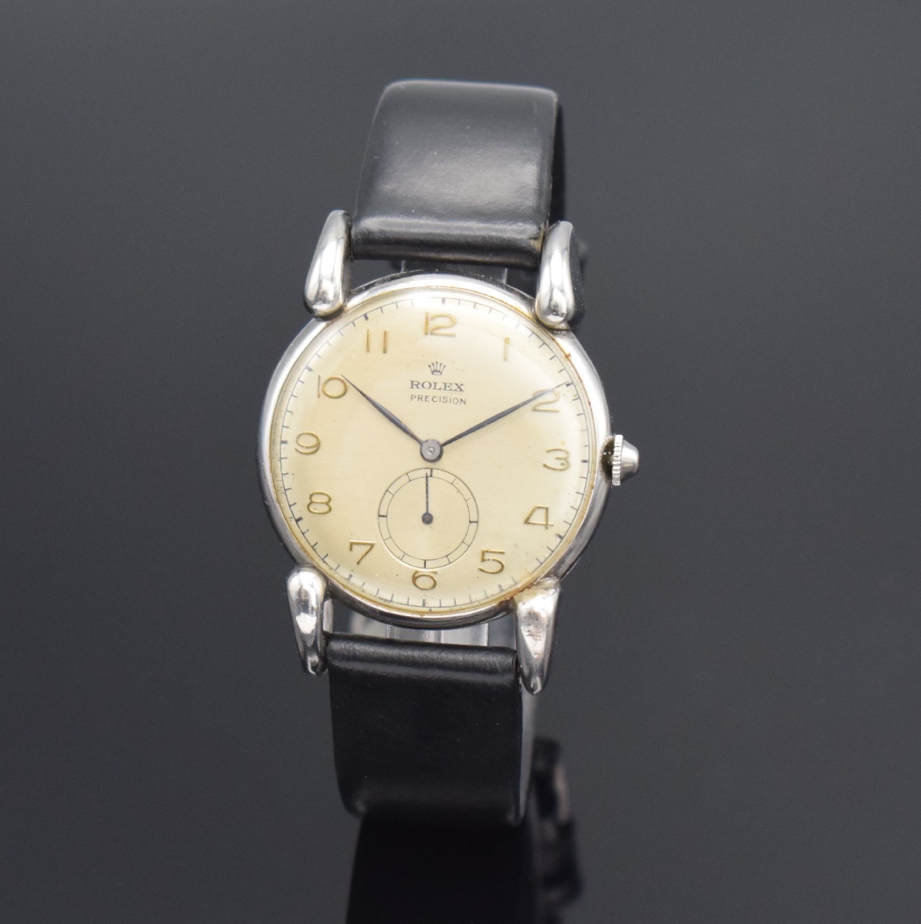 ROLEX Precision Armbanduhr Referenz 4367 in Stahl, Schweiz um 1947, Handaufzug, Boden gedr., neutr. Lederband m. orig. Rolex Dornschl., orig. Krone, ...