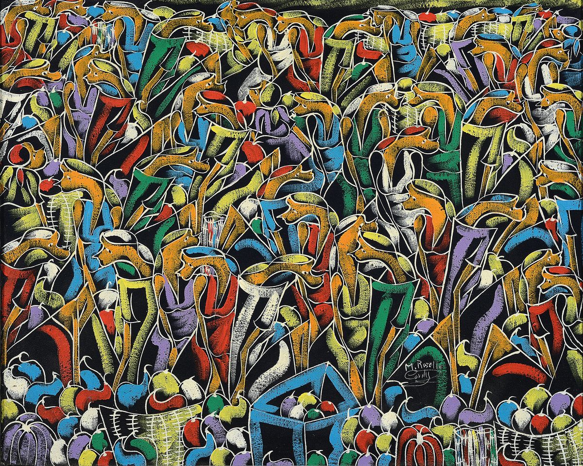 M. Roselle Conly, zeitgenössischer Künstler,surrealistischer Früchtemarkt mit Getier, Öl/ Lwd, rechts unten signiert, ca. 48x60cm