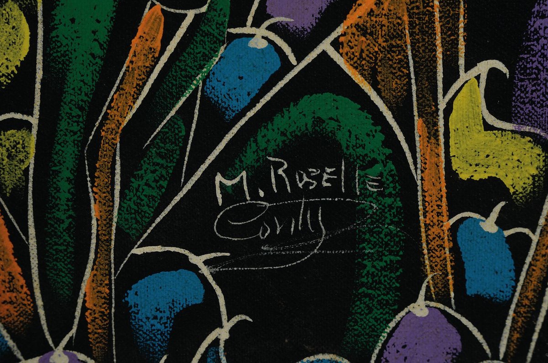 Detail a: M. Roselle Conly, zeitgenössischer Künstler,surrealistischer Früchtemarkt mit Getier, Öl/ Lwd, rechts unten signiert, ca. 48x60cm