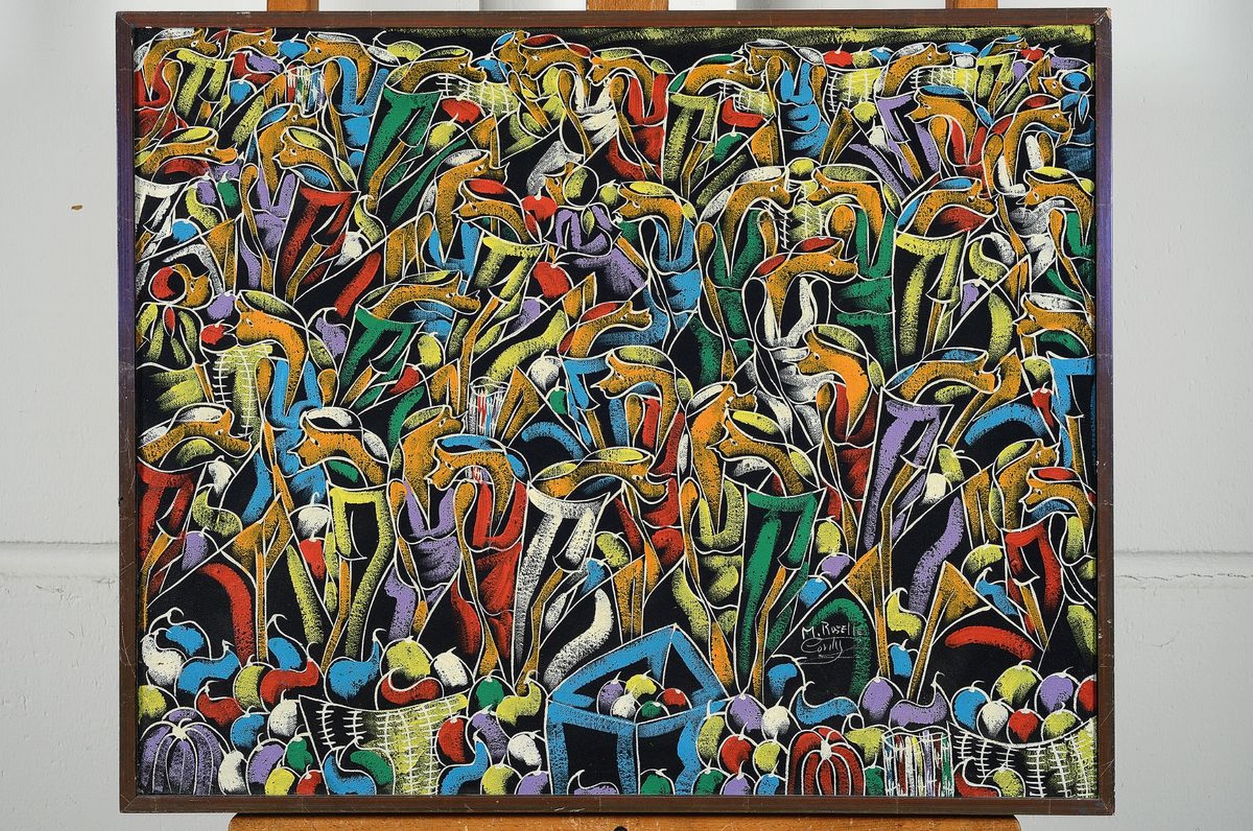 Detail k: M. Roselle Conly, zeitgenössischer Künstler,surrealistischer Früchtemarkt mit Getier, Öl/ Lwd, rechts unten signiert, ca. 48x60cm