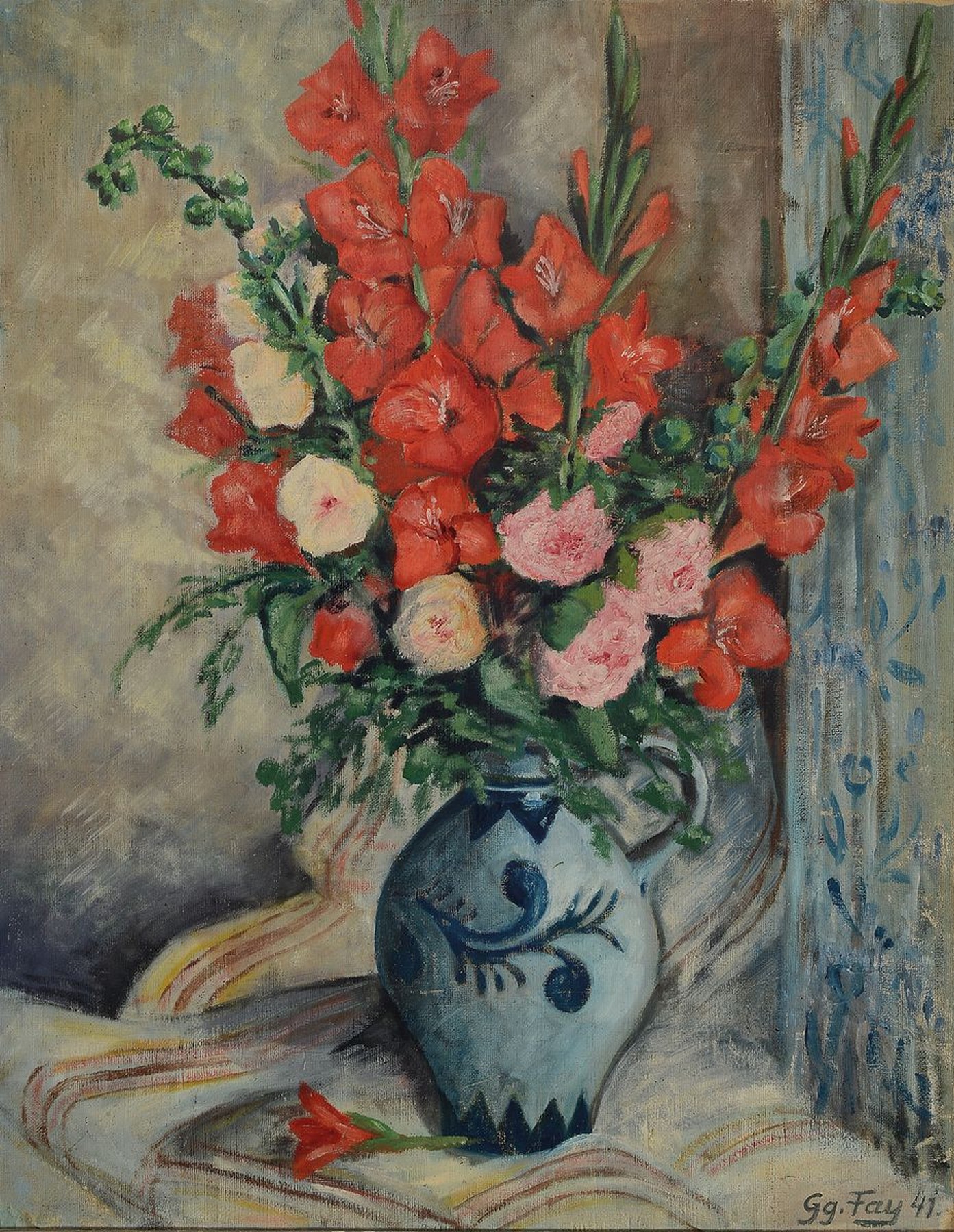 Georg Fay, Blumen in blauer Henkelvase, Öl/Lwd/Holz, rechts unten signiert und dat. 41, ca. 88x68cm, R. ca. 98x78cm