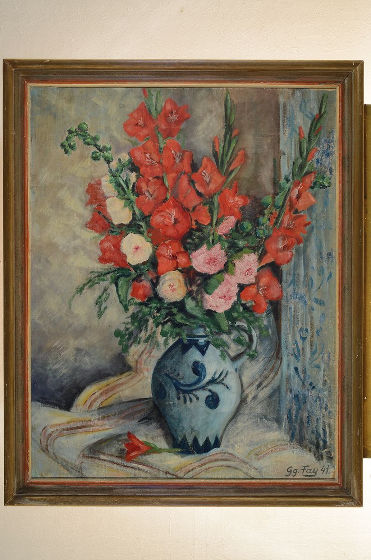 Detail k: Georg Fay, Blumen in blauer Henkelvase, Öl/Lwd/Holz, rechts unten signiert und dat. 41, ca. 88x68cm, R. ca. 98x78cm