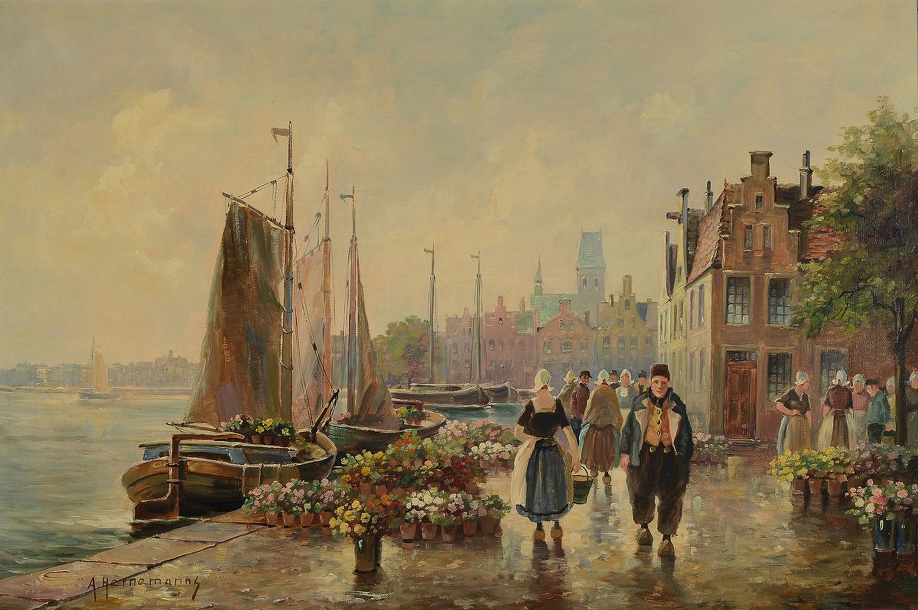 A. Hernemanns, geb. 1900, deutscher Maler, Holländischer Blumenmarkt am Hafensteg, Öl/Lwd, links unten signiert, rückseitig Widmung von 1932, ca. ...