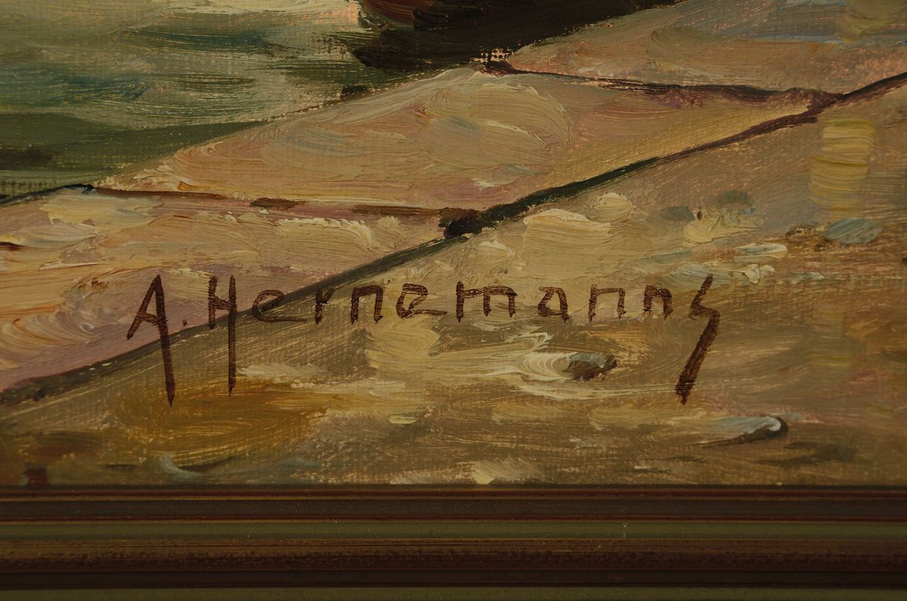 Detail a: A. Hernemanns, geb. 1900, deutscher Maler, Holländischer Blumenmarkt am Hafensteg, Öl/Lwd, links unten signiert, rückseitig Widmung von 1932, ca. ...