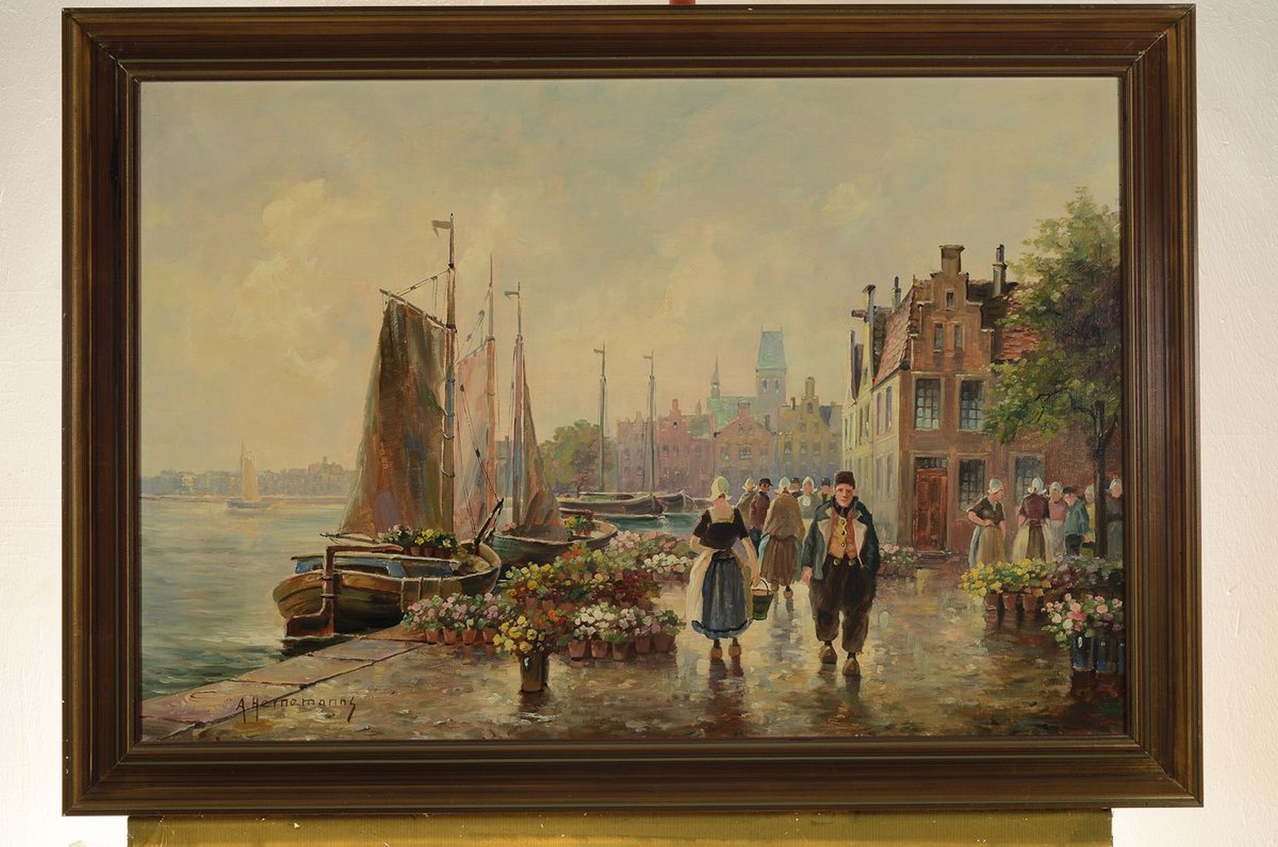 Detail k: A. Hernemanns, geb. 1900, deutscher Maler, Holländischer Blumenmarkt am Hafensteg, Öl/Lwd, links unten signiert, rückseitig Widmung von 1932, ca. ...