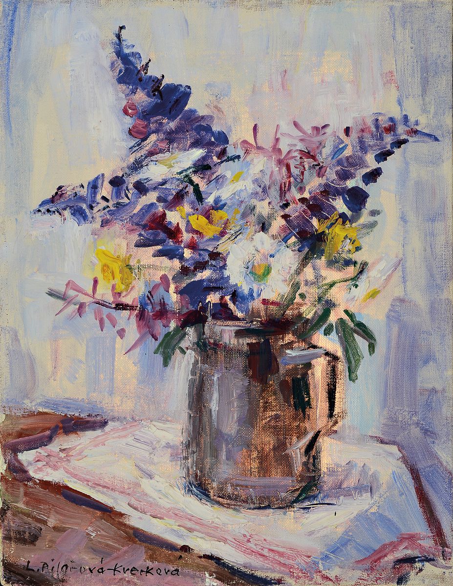 Libuse Pilarova-Kverkova, 1928-2021 Prag, Studium an der Akademie Prag bei Prof. Rada, hier: Feldblumenstrauß, Öl/Lwd, links unten signiert, ...