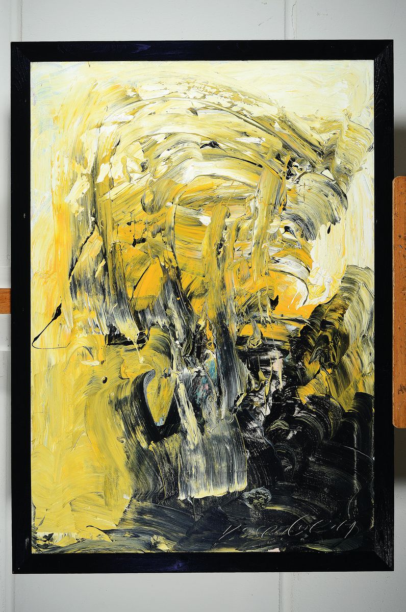 Detail k: Beat Rosenberg, geb. 1954 Aargau/Schweiz, tätig u.a. an der Algarve, hier: Dynamik des Gelb, Öl/Lwd, rechts unten signiert, ca. 100x 70cm, R. ca. ...