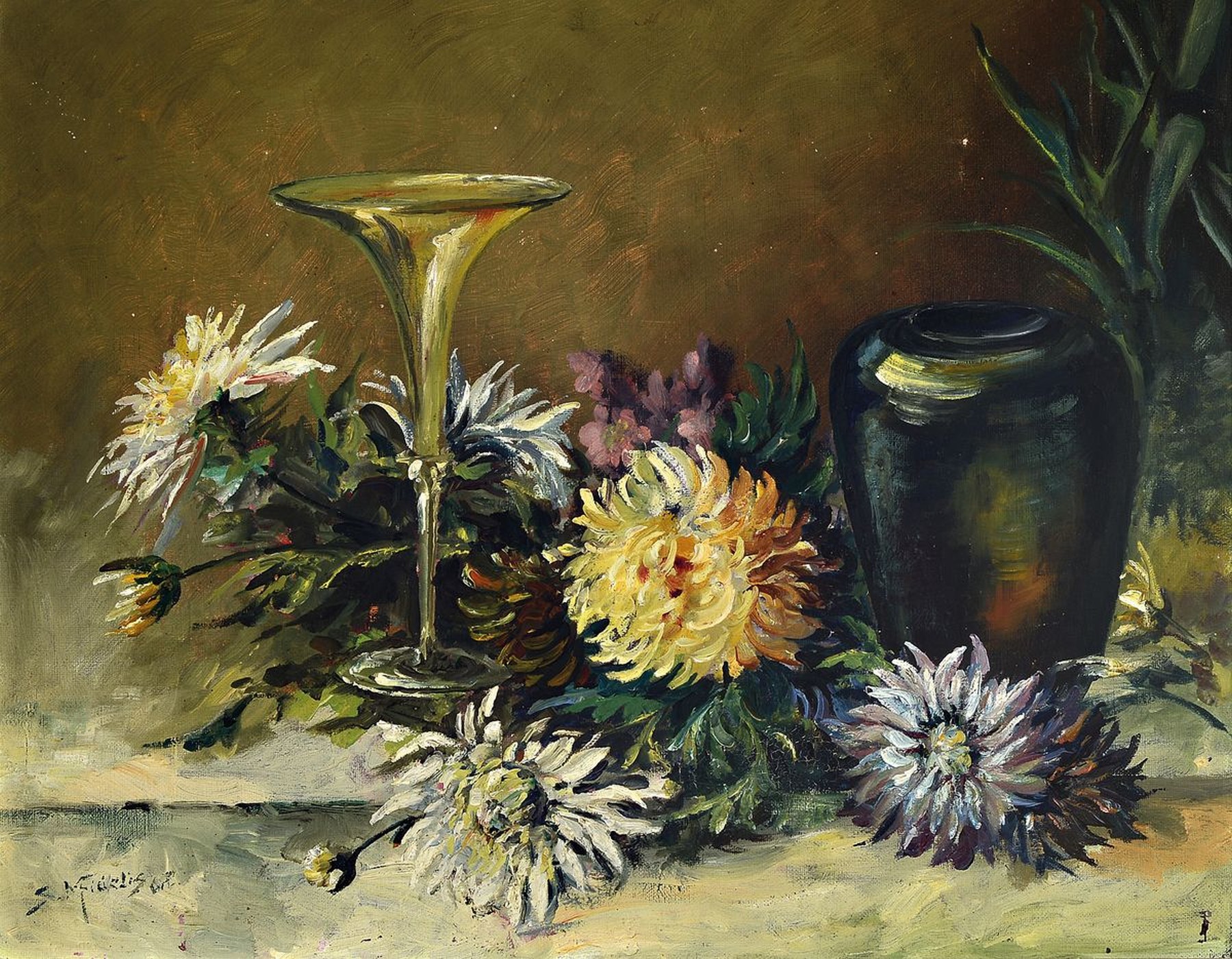 Sr. M. Fidelis, um 1900, Stillleben mit Astern und zwei Glasvasen, Öl/Lwd, links unten signiert, wohl Gemälde einer Ordensschwester, ...