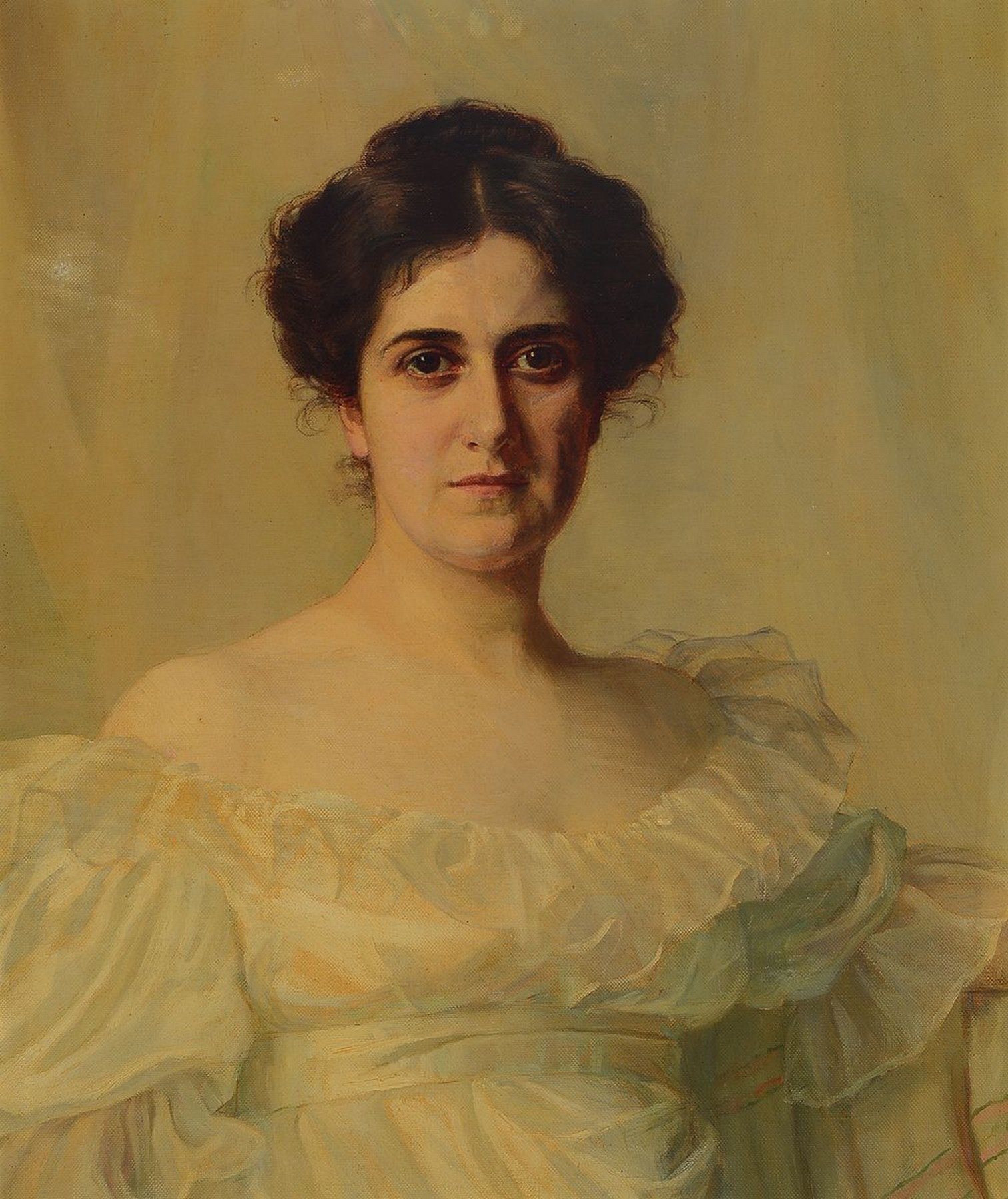 Unbekannter Porträtist, um 1900, Brustbild einer jungen Frau im weißen Kleid, Öl/Lwd, unsigniert, ca. 68 x 58 cm, Rahmen