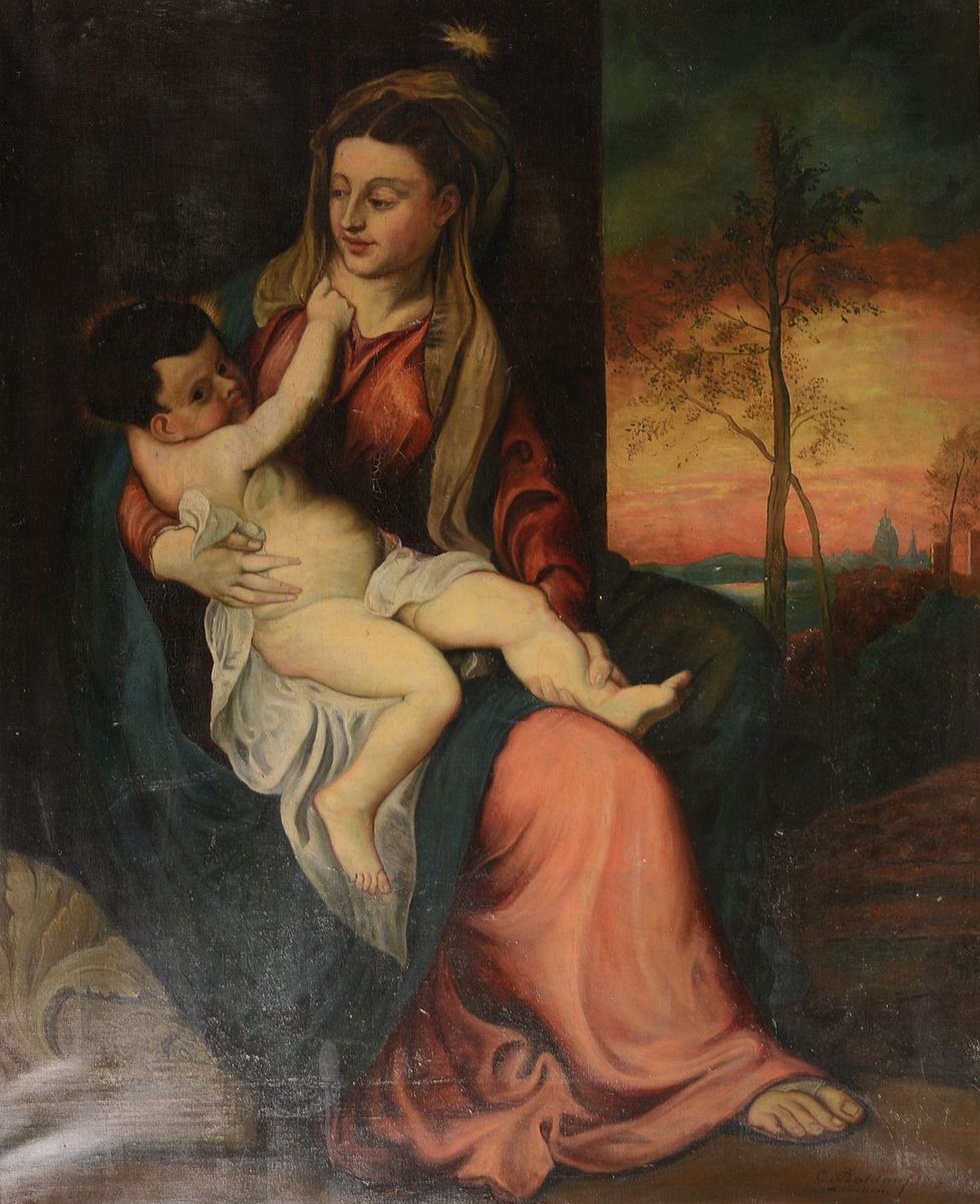Kopie nach Tizian,(Tiziano Vercellio), 2. Hälfte 19. Jh., nach Maria mit Kind in einer Abendlandschaft von 1560, Öl/Lwd, bezeichnet,106 x 129 cm, ...