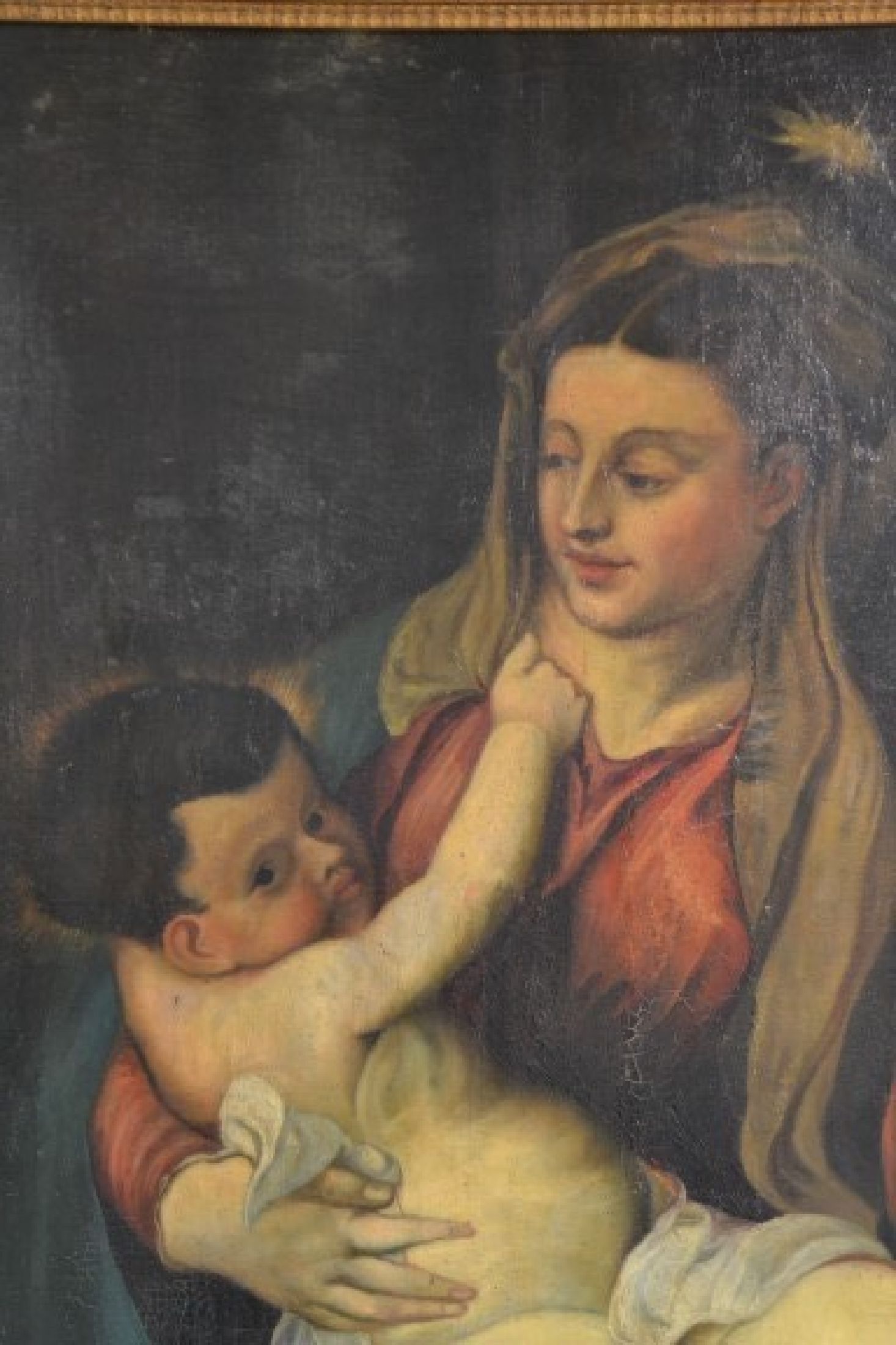 Detail c: Kopie nach Tizian,(Tiziano Vercellio), 2. Hälfte 19. Jh., nach Maria mit Kind in einer Abendlandschaft von 1560, Öl/Lwd, bezeichnet,106 x 129 cm, ...