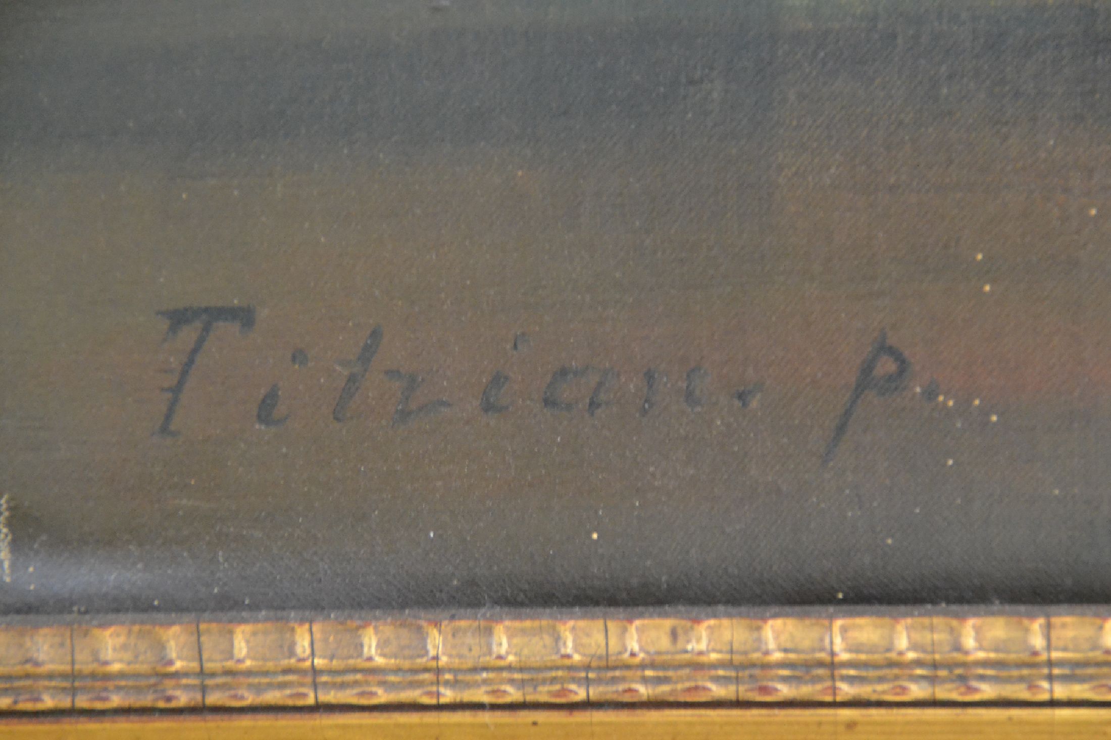 Detail e: Kopie nach Tizian,(Tiziano Vercellio), 2. Hälfte 19. Jh., nach Maria mit Kind in einer Abendlandschaft von 1560, Öl/Lwd, bezeichnet,106 x 129 cm, ...