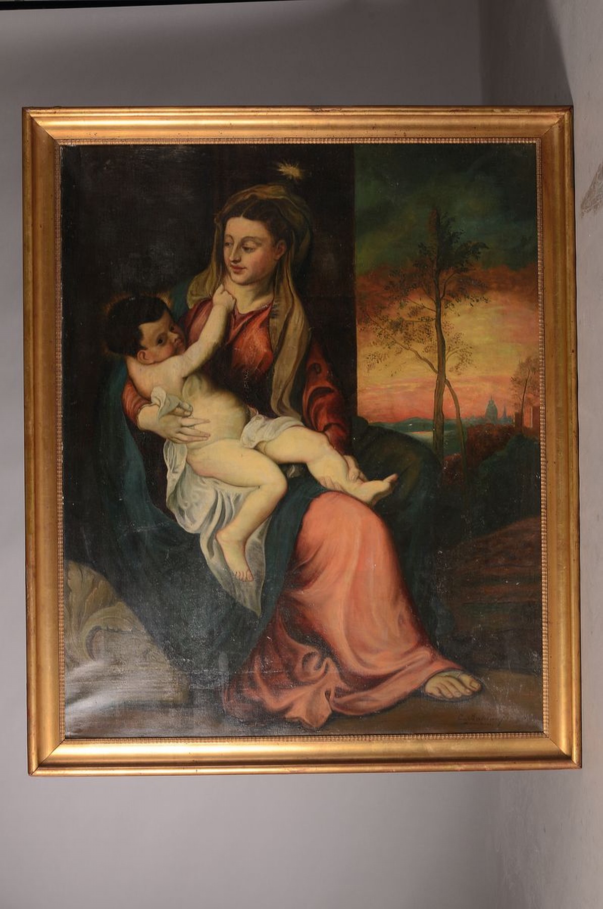 Detail k: Kopie nach Tizian,(Tiziano Vercellio), 2. Hälfte 19. Jh., nach Maria mit Kind in einer Abendlandschaft von 1560, Öl/Lwd, bezeichnet,106 x 129 cm, ...