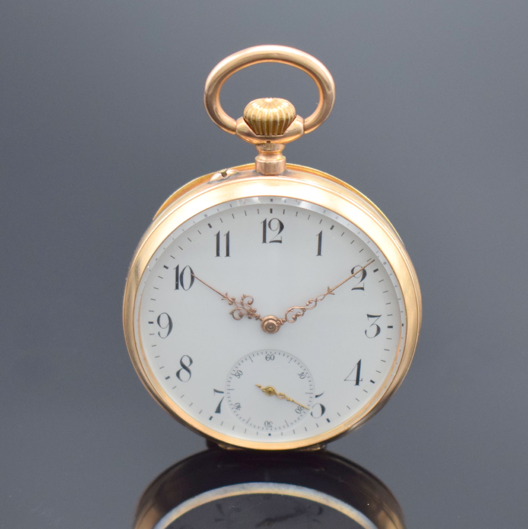 MONOPOL DÜRRSTEIN offene Herrentaschenuhr in RG 585/000, Deutschland um 1900, rückseitig guill. & floral grav. Geh. dell., Metallcuvette, ...